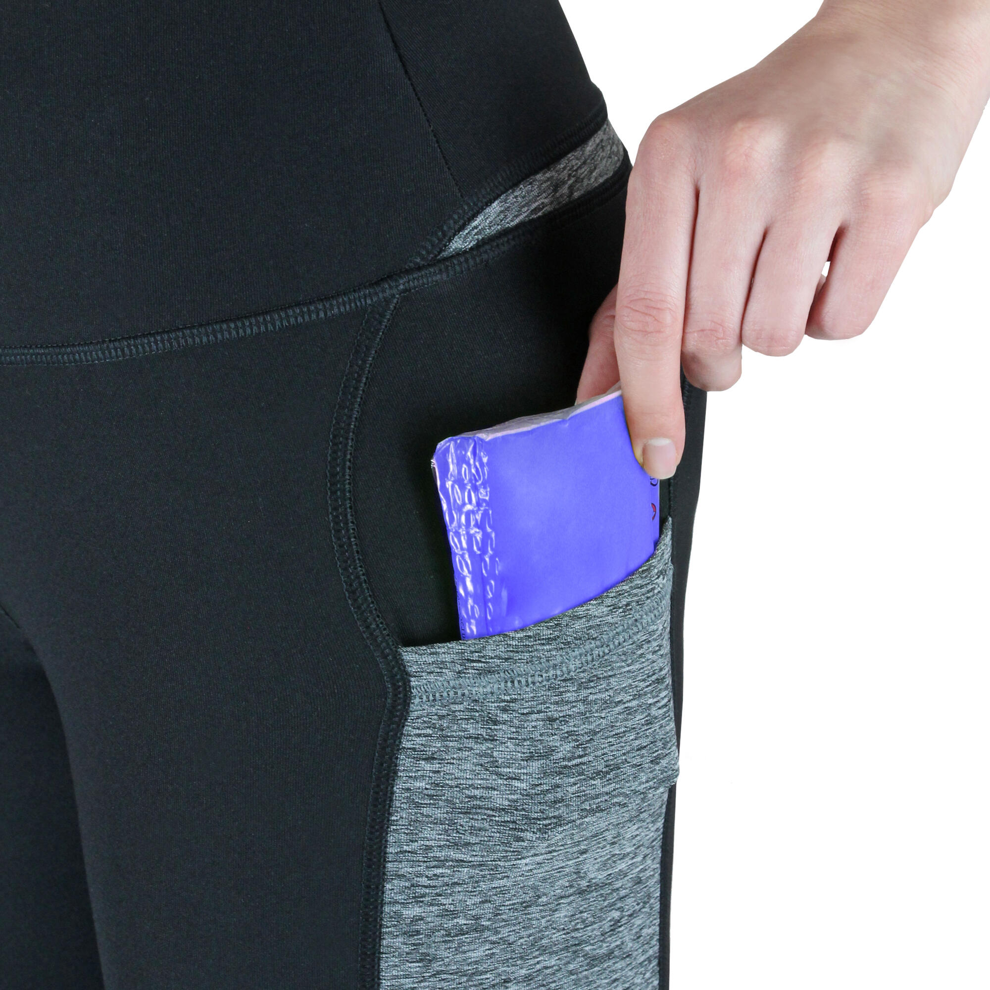 Damen 3/4 Laufhose Capri Hoher Bund, Atmungsaktiv, mit  Handytasche-grau 5/7