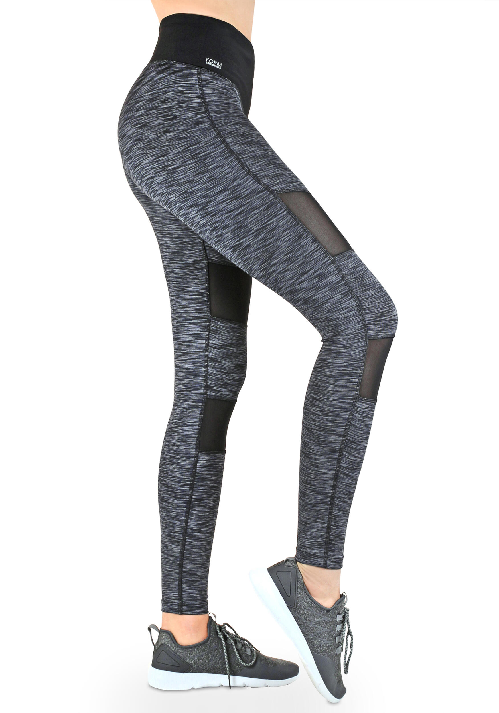 Damen lange Laufhose-Hoher Bund, Atmungsaktiv, mit Handytasche-grey-black Mesh 2/6