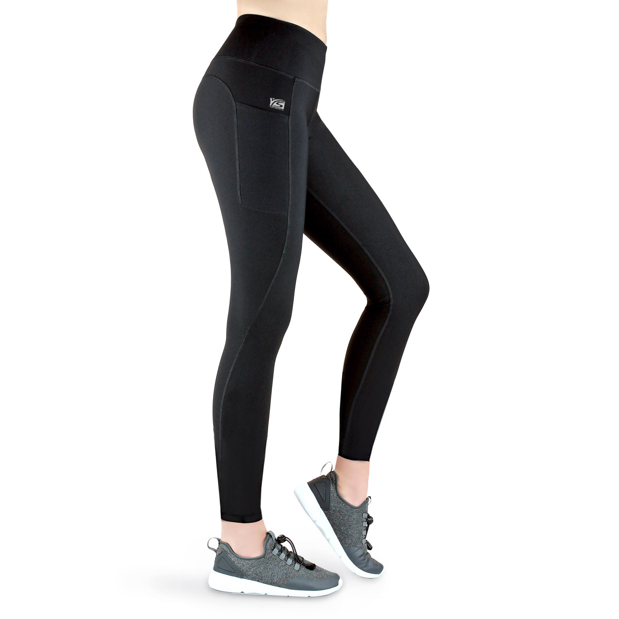Damen lange Laufhose-Hoher Bund, Atmungsaktiv, mit Handytasche-schwarz 2/7