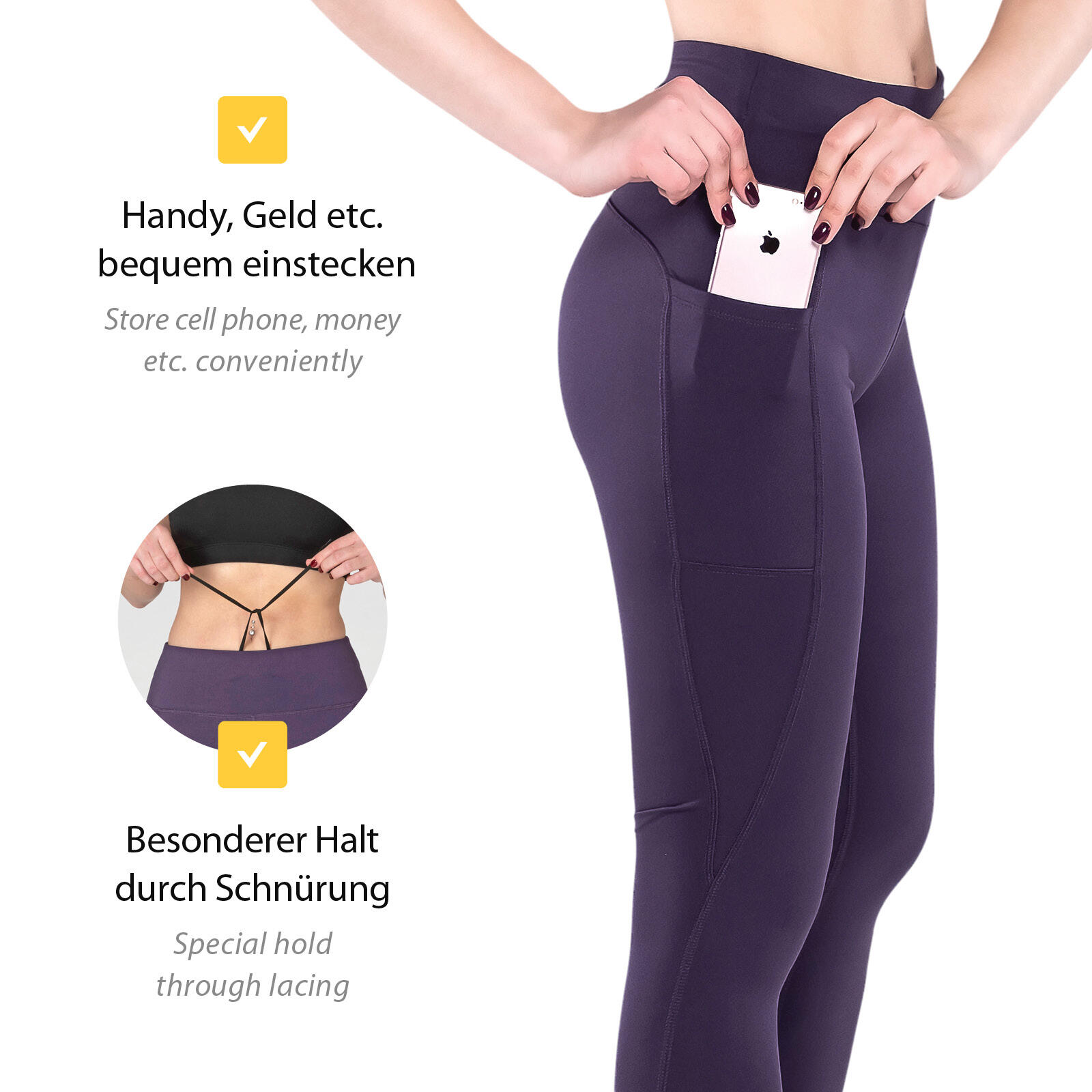 Damen lange Laufhose-Hoher Bund, Atmungsaktiv, mit Handytasche-Mysterioso 6/7