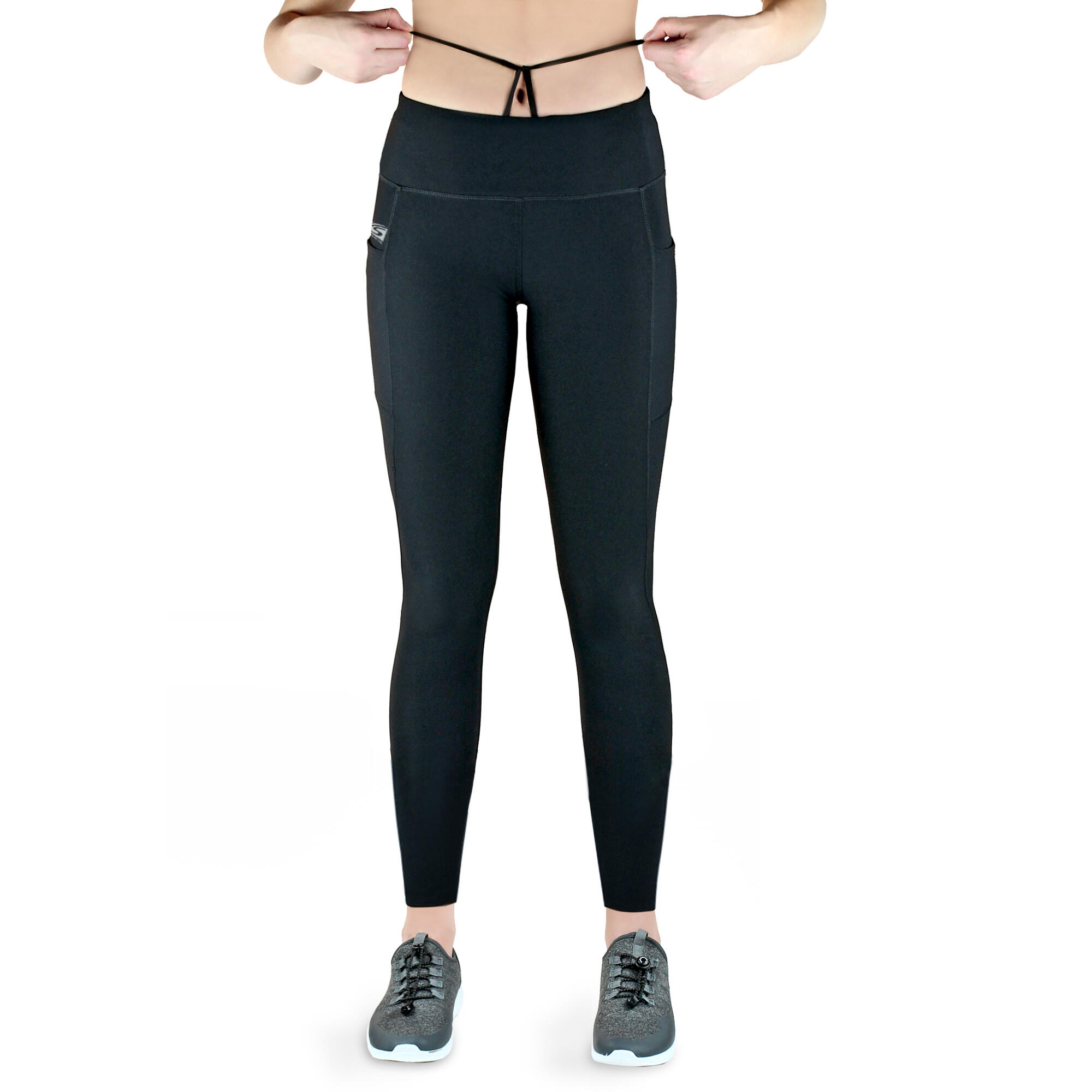 Damen lange Laufhose-Hoher Bund, Atmungsaktiv, mit Handytasche-schwarz 3/7