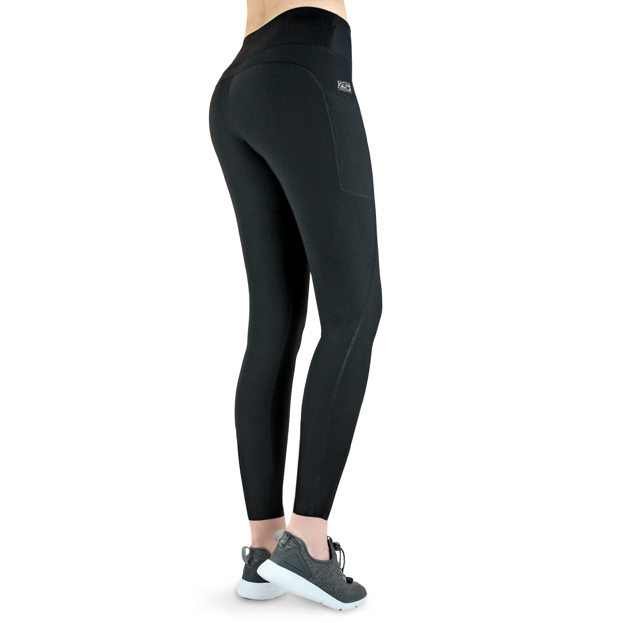 Damen lange Laufhose-Hoher Bund, Atmungsaktiv, mit Handytasche-schwarz 4/7