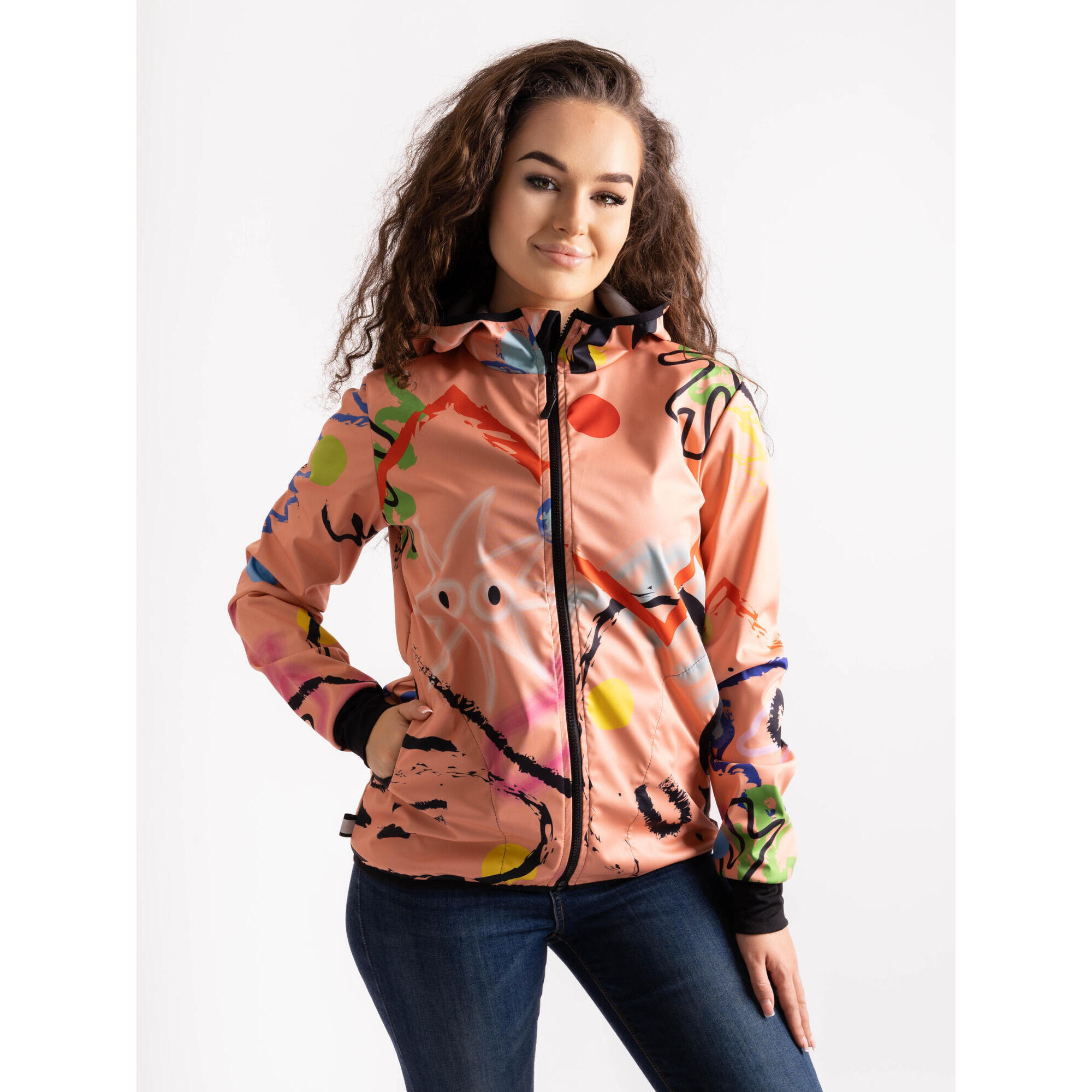 UNUO Dámská softshellová bunda bez zateplení pružná Basic, Meruňková, Fantazie