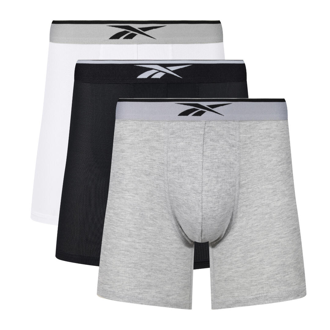 Mens Reebok 3 pack Mack Sports Trunks Black White Grey Marl REEBOK Decathlon