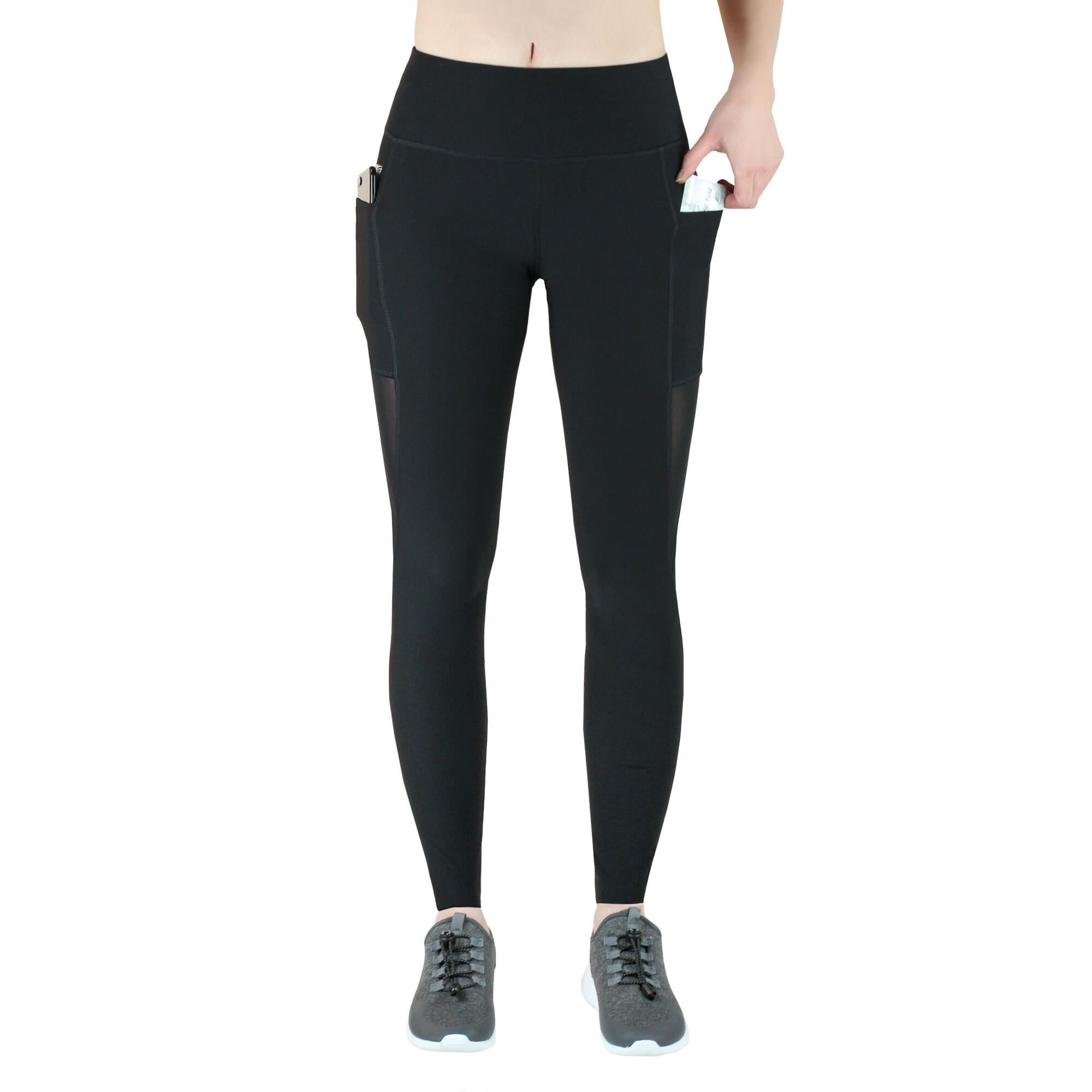 Damen lange Laufhose-Hoher Bund, Atmungsaktiv, mit Handytasche-mesh black 3/7
