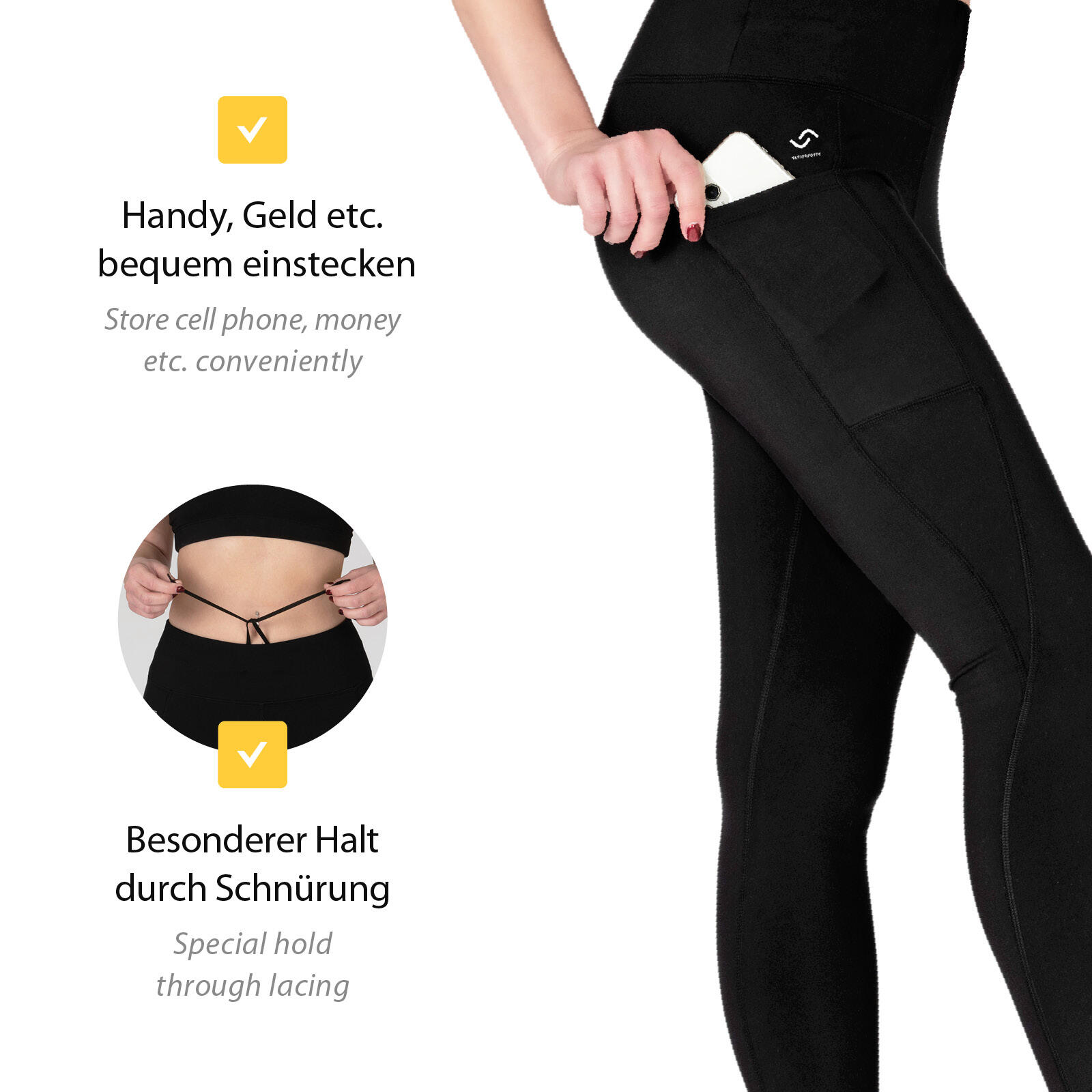 Damen lange Laufhose-Hoher Bund, Atmungsaktiv, mit Handytasche-black-recycling 6/7