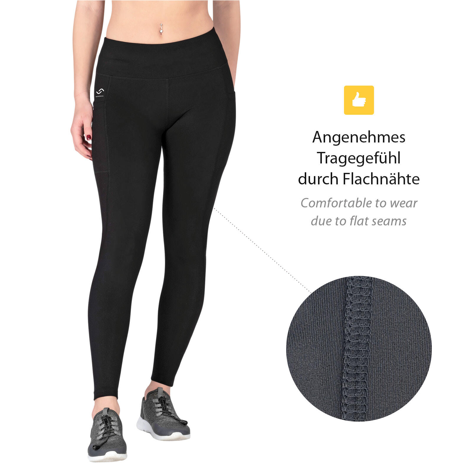 Damen lange Laufhose-Hoher Bund, Atmungsaktiv, mit Handytasche-black-recycling 5/7