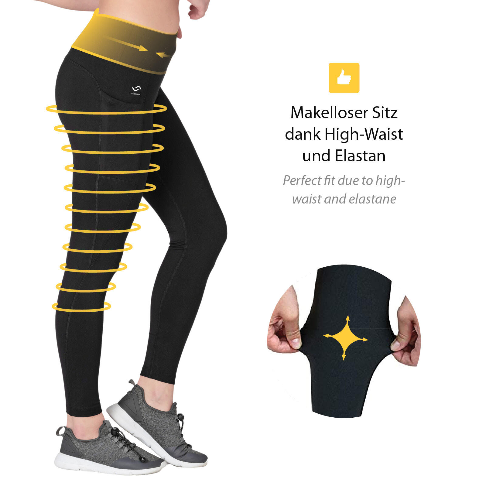 Damen lange Laufhose-Hoher Bund, Atmungsaktiv, mit Handytasche-black-recycling 3/7
