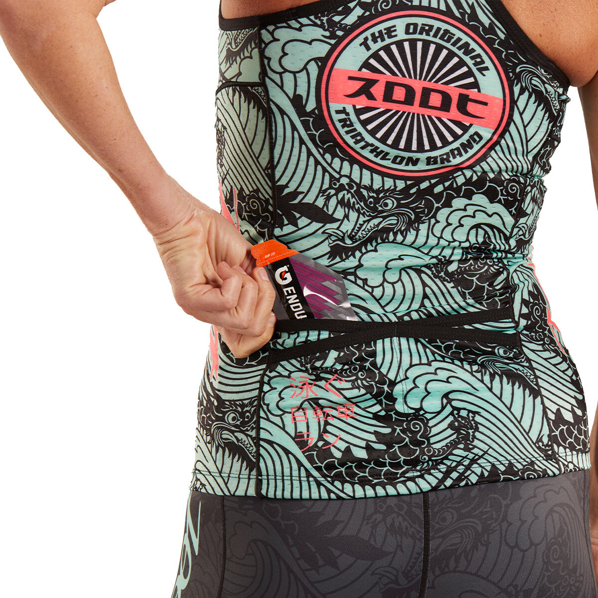 Camiseta Triatlon Sin mangas Mujer ZOOT RACERBACK Tokio Turquesa Estampada 6/7