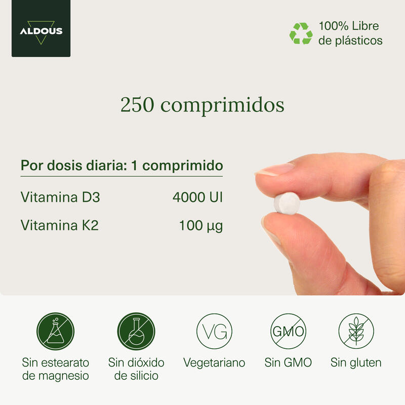 Vitamina D3 4000UI + K2 Aldous | 250 comprimidos