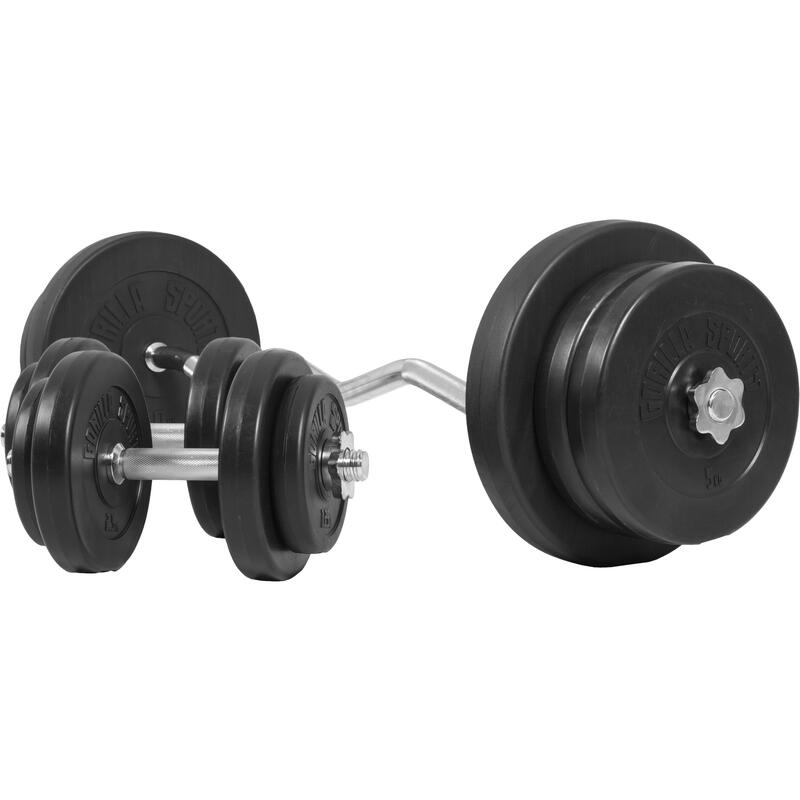 SET D'HALTÈRES DE 68KG AVEC DISQUES PLASTIQUES + BARRE CURL 120CM | MUSCULATION 2