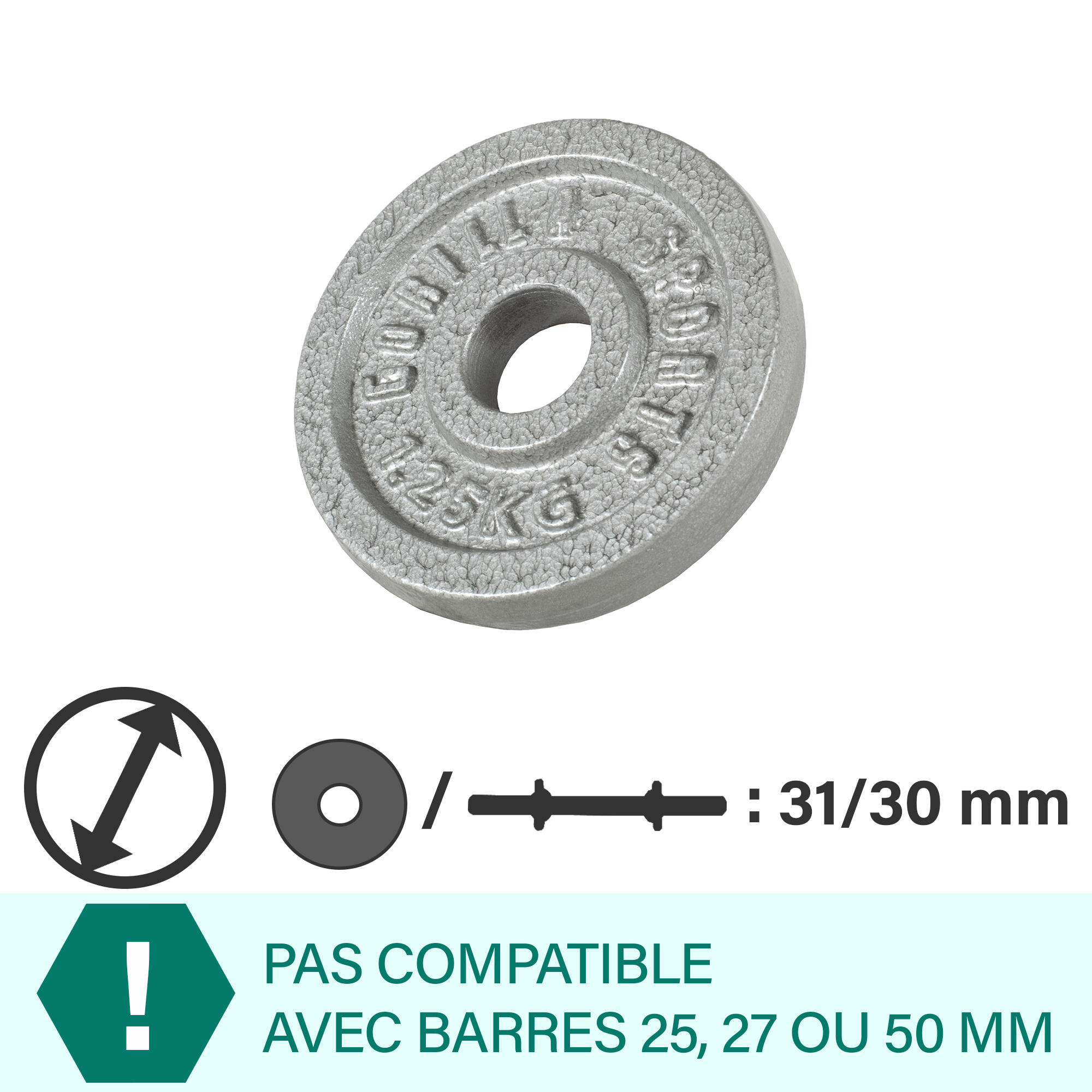 DISQUE DE MUSCULATION FONTE GRIS | DIAM 31MM | AU CHOIX DE 1,25KG À 30KG 2/7