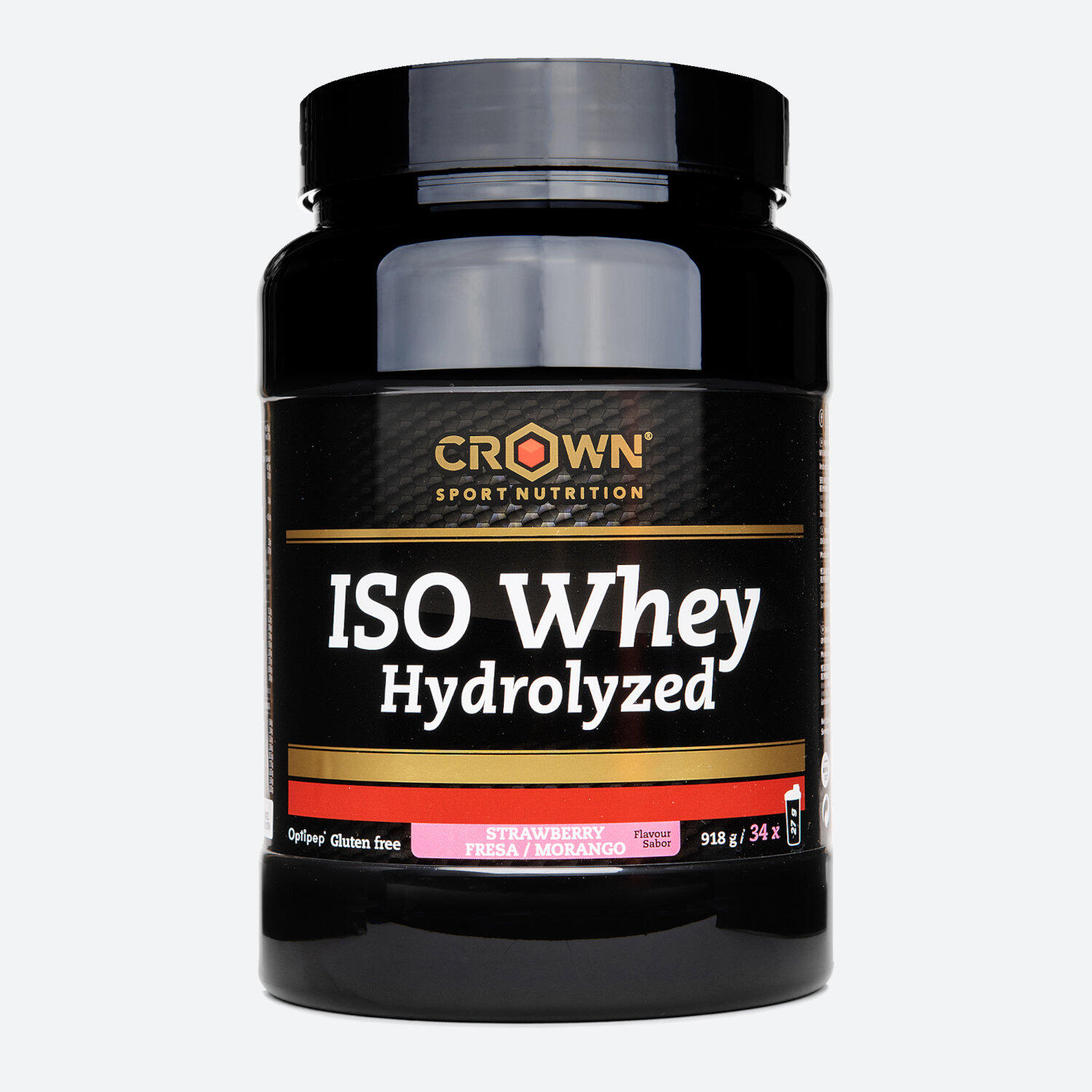 Lata com 918g de concentrado de whey hidrolisado ‘ISO Whey Hydrolized‘ Morango