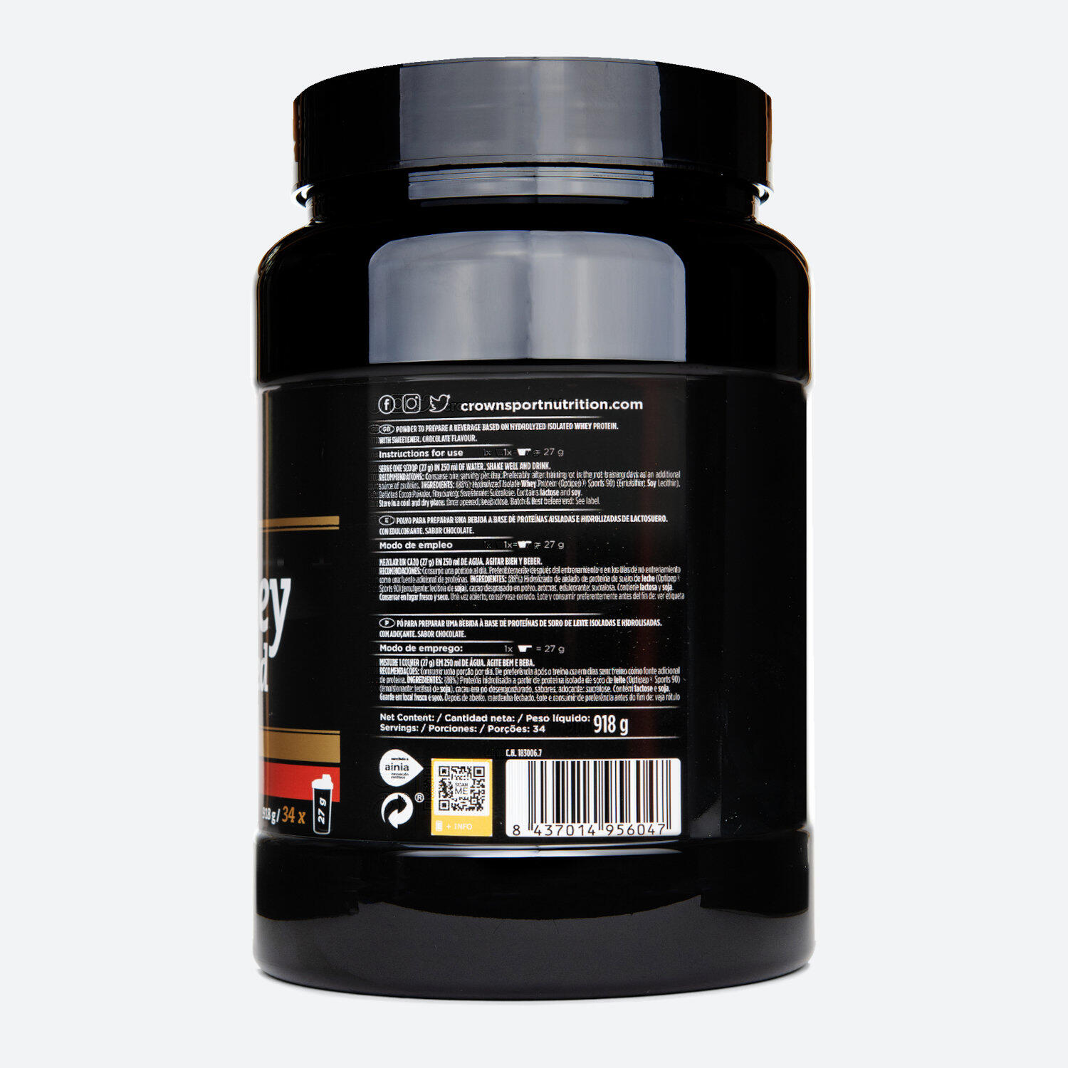 Lata com 918g de concentrado de whey hidrolisado ‘ISO Whey Hydrolized‘ Chocolate 3/4
