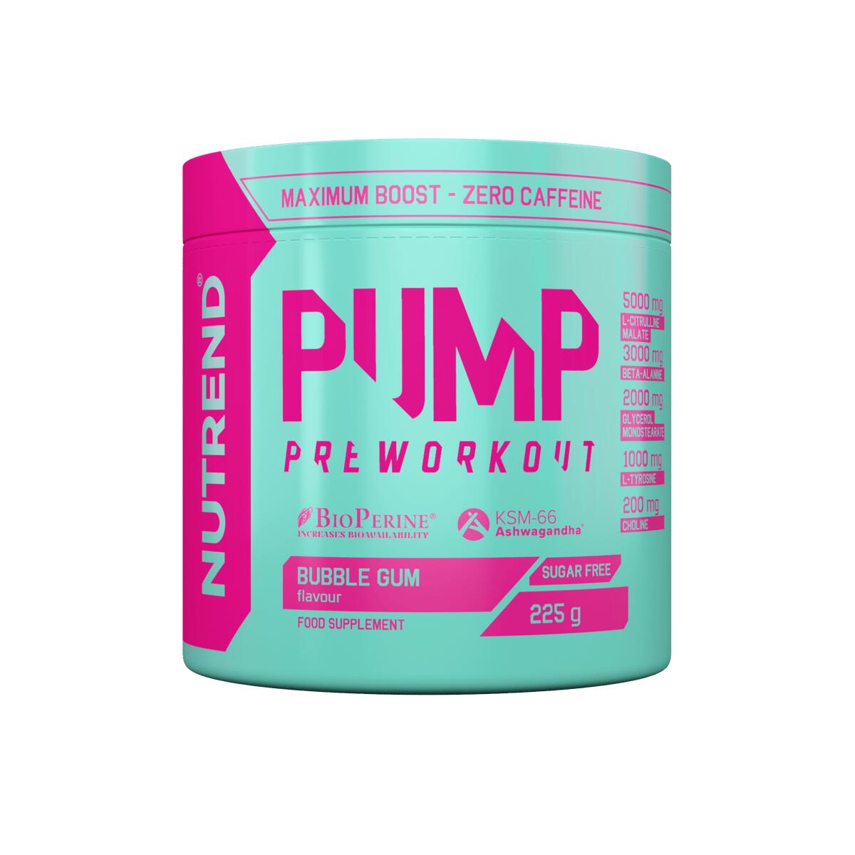 NUTREND Pre-workout bez kofeinu PUMP, 225 g, bubble gum