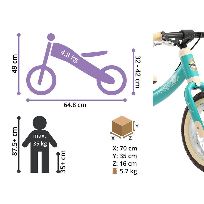 bicicleta sin pedales de 12 pulgadas de 3 años 2-en-1