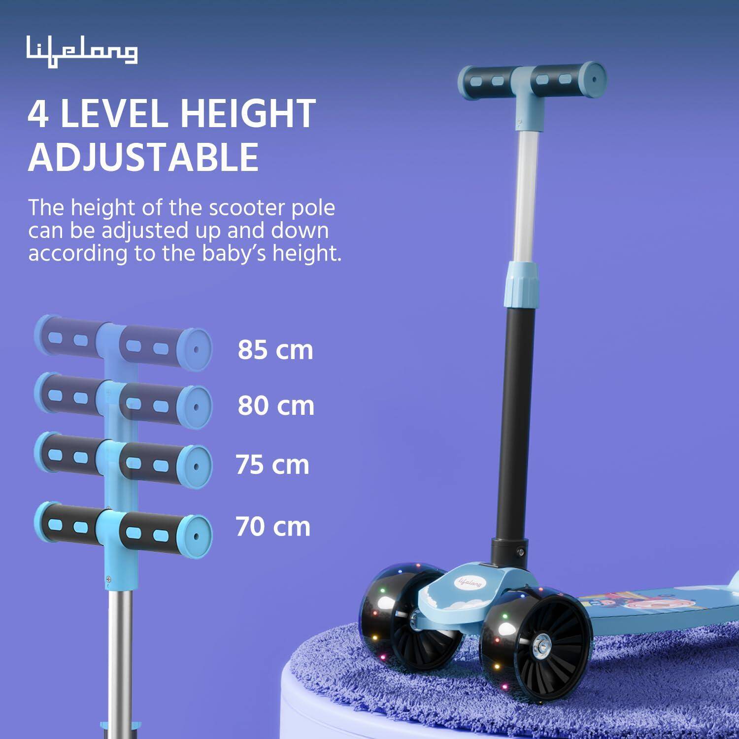 Lifelong Scooter for Kids 3+ Years - Foldable Kids Scooter with LED Wheels & Adjustable Height - Kick Scooter Capacity 50kg- Bab -  5