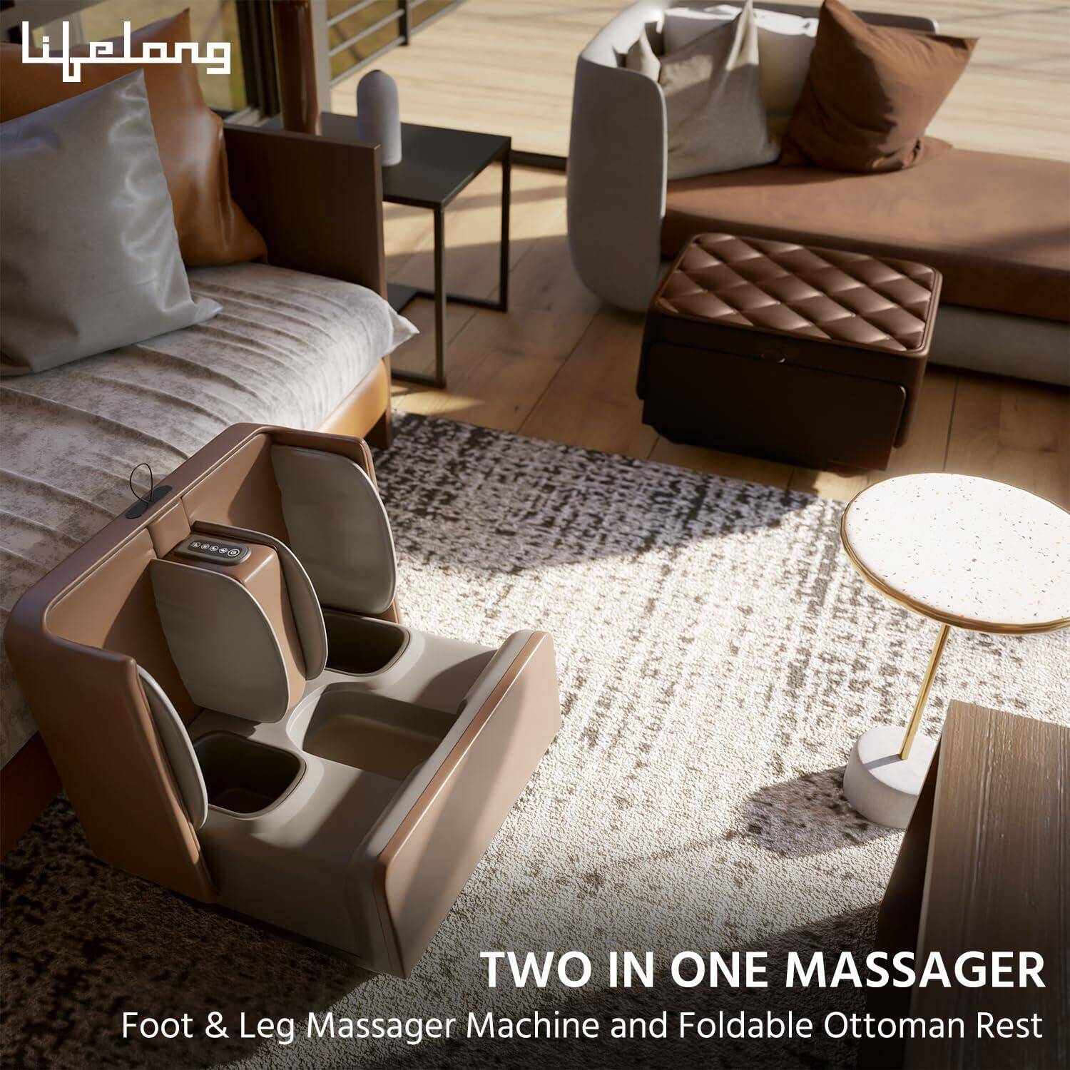 Lifelong 2 in 1 Foot & Leg Massager Machine & Foldable Ottoman Rest for Home - Pain Relief Massage for Legs - Heat + Rolling, Kneading, Shiatsu, Vibration & Air Compression - Massages Ankle & Calf too -  2