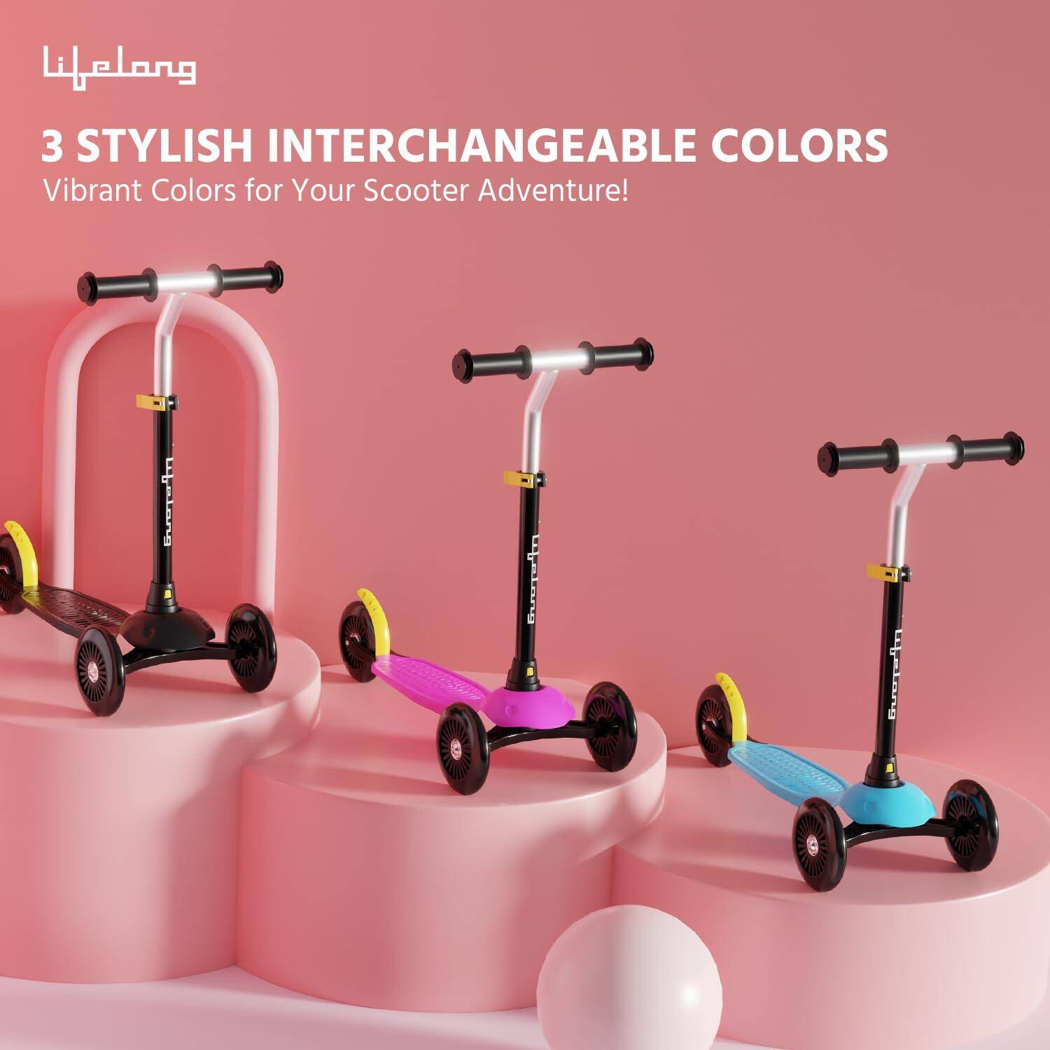 Lifelong Scooter for Kids - Kids Scooter with 3 Changeable Colours, Aluminium Handle & Adjustable Height - Kick Scooter - Baby Scooter Toys for 3+ Year Old Boy & Girl - Skate Scooter - Multicolor -  2
