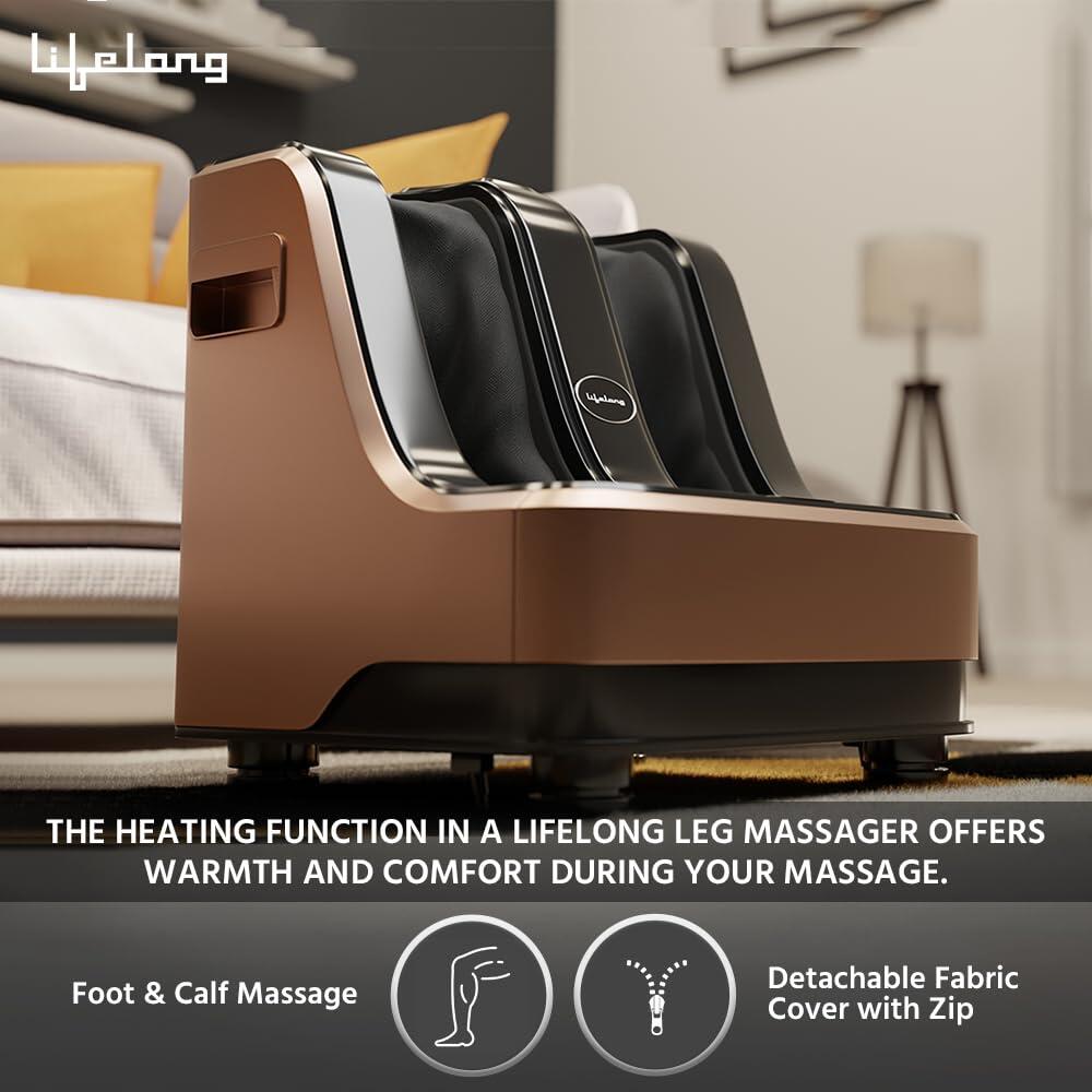 Lifelong Calf, Foot and Leg Massager Machine for Home - Pain Relief Massage for Legs - Heat + 4 Vibration Motors - Rolling, Kneading, and Shiatsu - Improve Blood Circulation, Dark Brown, 80W (LLM99)