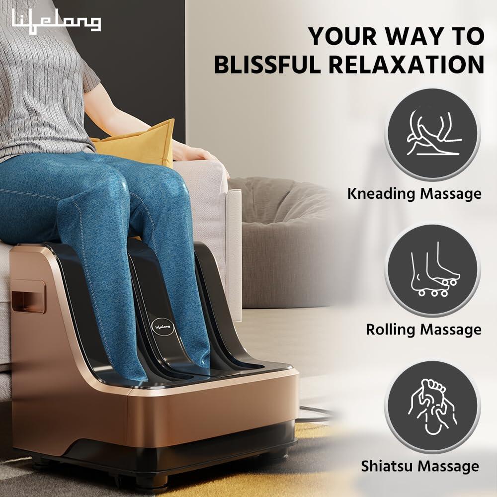 Lifelong Calf, Foot and Leg Massager Machine for Home - Pain Relief Massage for Legs - Heat + 4 Vibration Motors - Rolling, Kneading, and Shiatsu - Improve Blood Circulation, Dark Brown, 80W (LLM99)