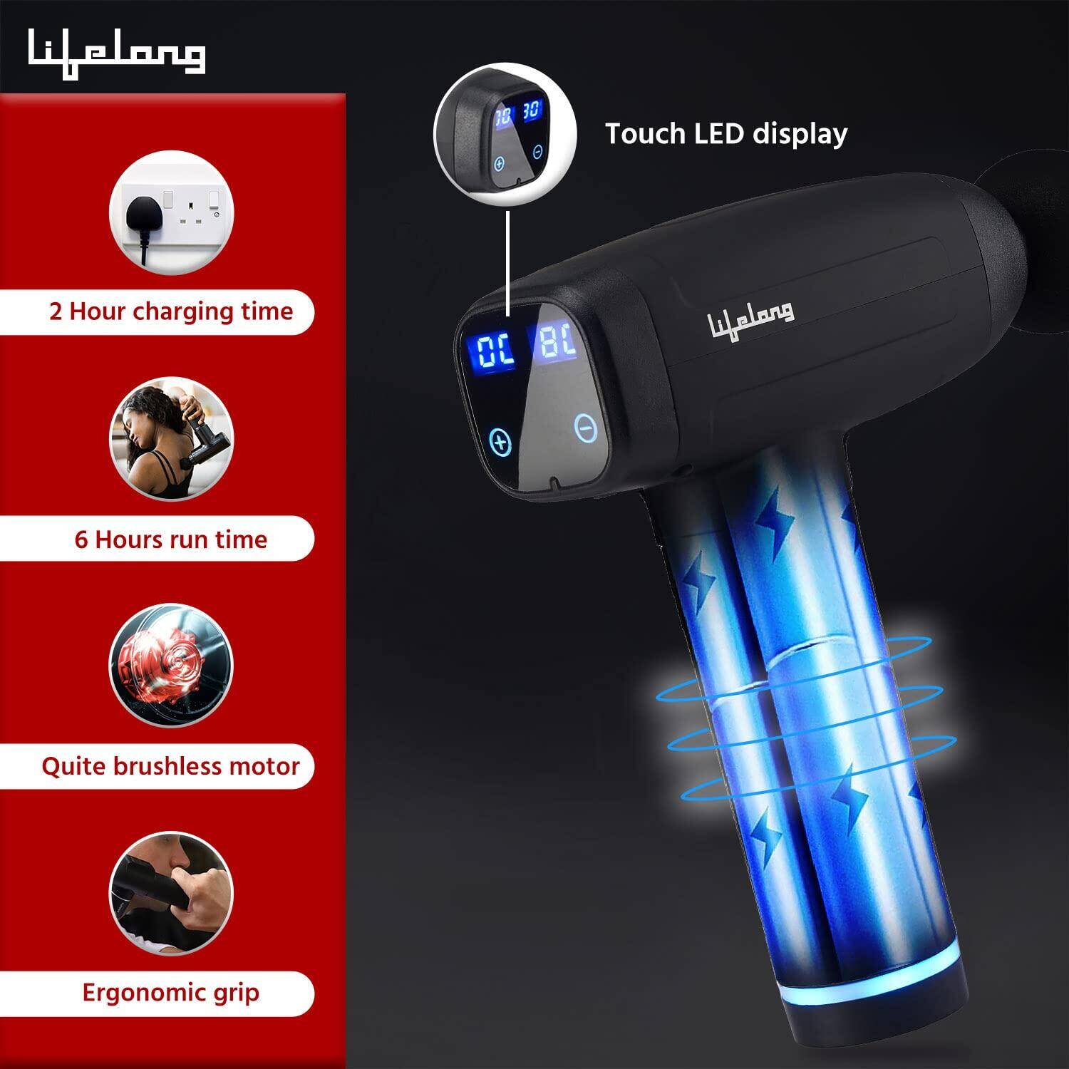Lifelong Gun Massager | Percussion for Full Body Pain Relief | 6 Heads | LED Touch | 30 Speed Levels | Premium Bag | 1 Year Warranty (LLGM09, Black) -  3