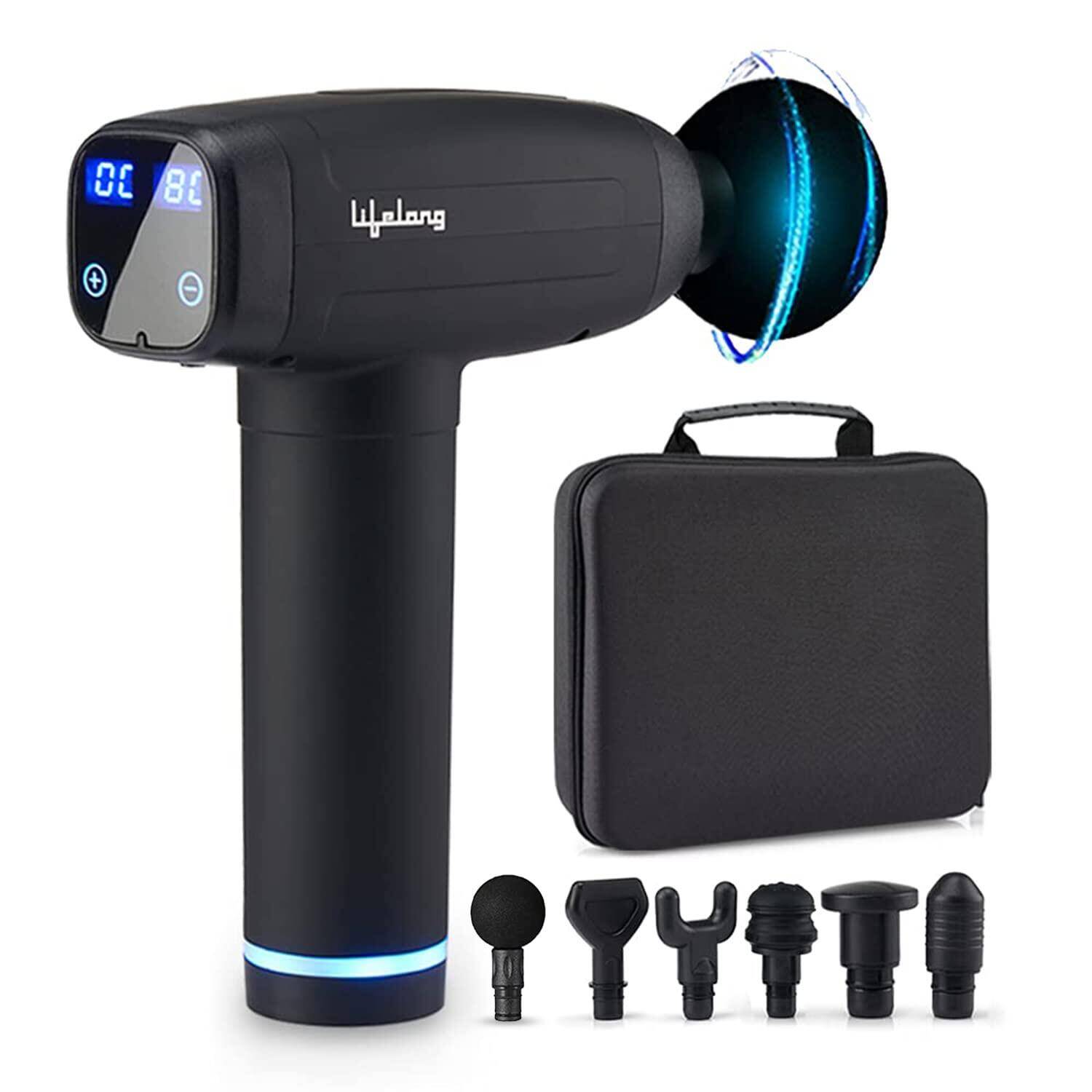 Lifelong Gun Massager | Percussion for Full Body Pain Relief | 6 Heads | LED Touch | 30 Speed Levels | Premium Bag | 1 Year Warranty (LLGM09, Black) -  1