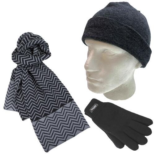3pc Set Mens Charcoal Fine Knit Beanie Hat Dents Knit Scarf Thinsulate Gloves