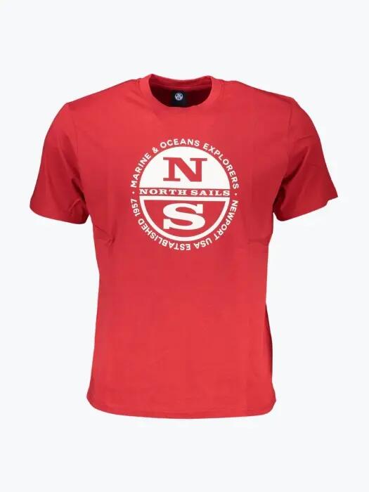 Tricou barbati cu imprimeu cu logo si decolteu la baza gatului rosu 1/2