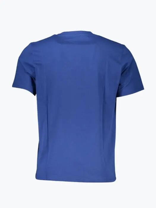 Tricou barbati cu imprimeu cu logo si decolteu la baza gatului albastru 2/2
