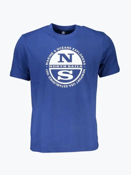 Tricou barbati cu imprimeu cu logo si decolteu la baza gatului albastru 1/2