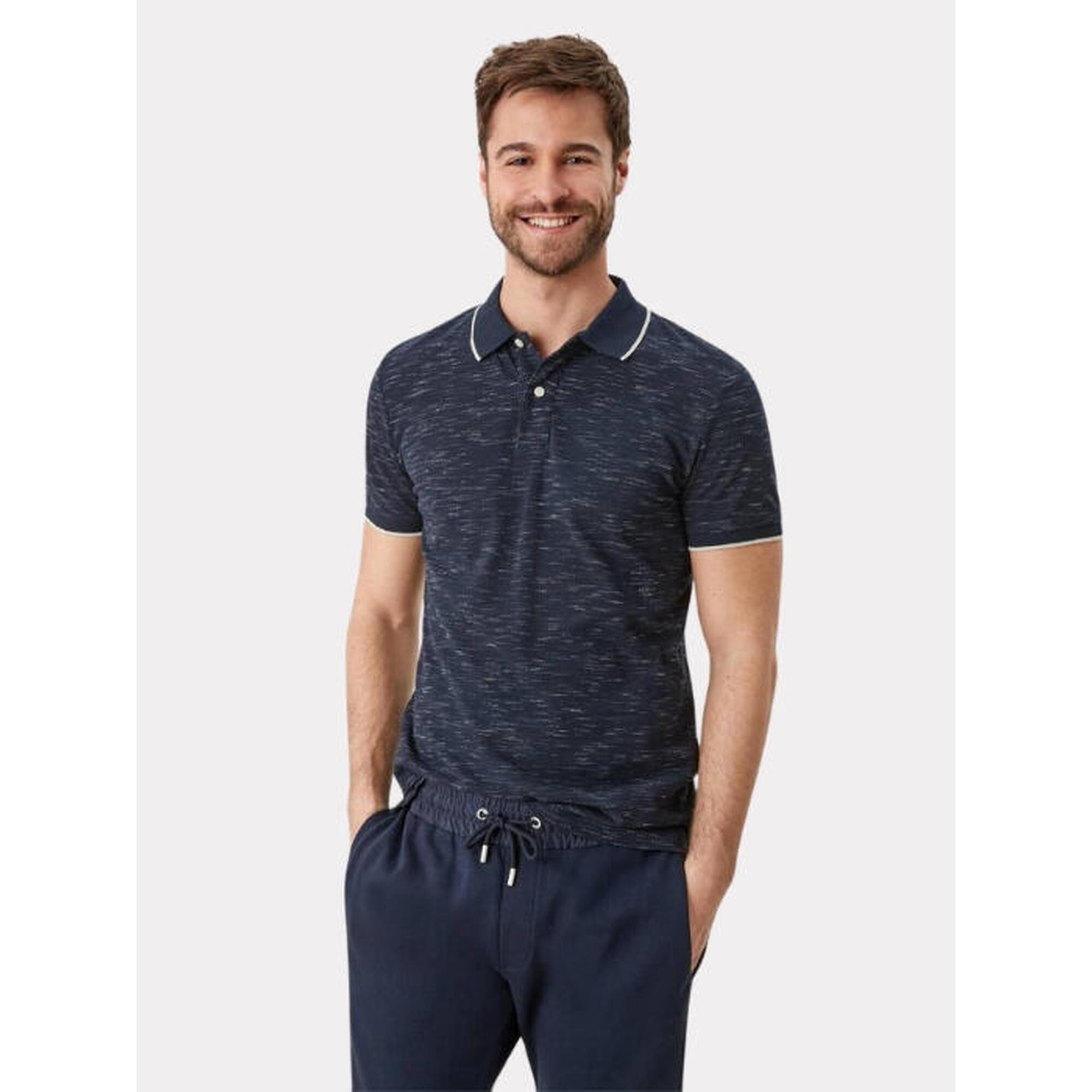 Tricou polo barbati cu detalii contraste si croial Slim Fit, Albastru melange