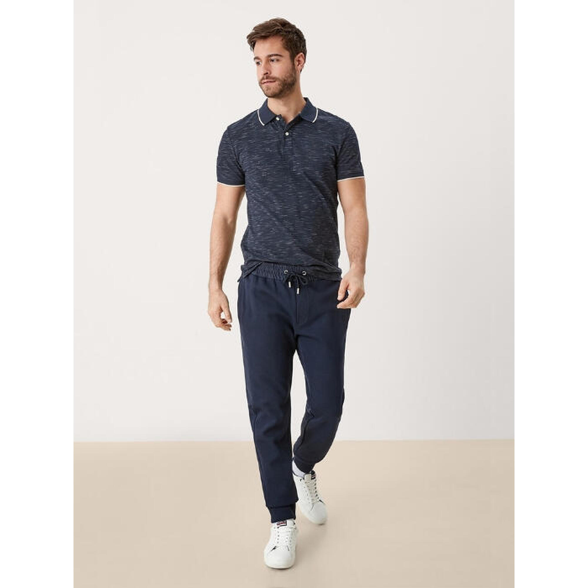 Tricou polo barbati cu detalii contraste si croial Slim Fit, Albastru melange