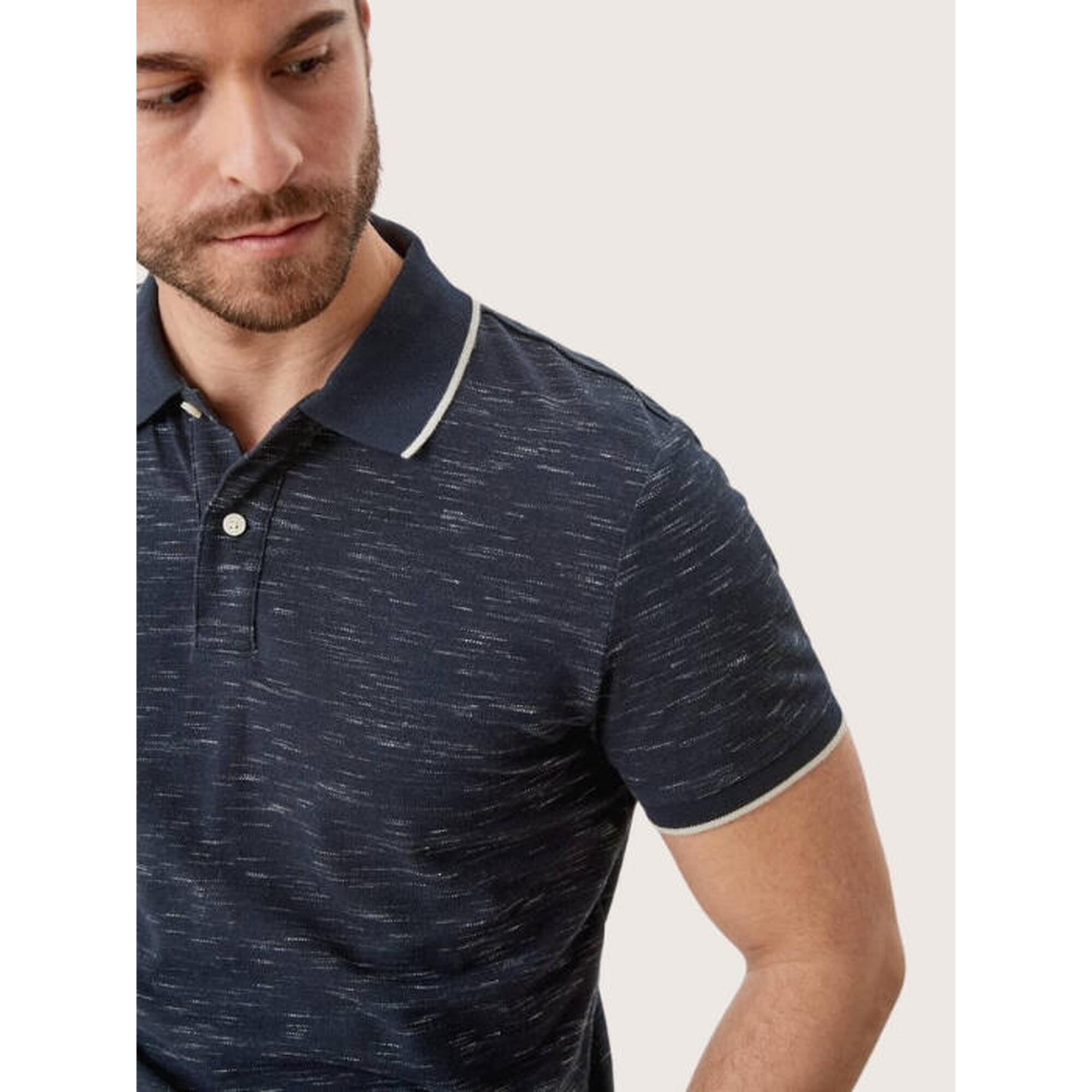 Tricou polo barbati cu detalii contraste si croial Slim Fit, Albastru melange