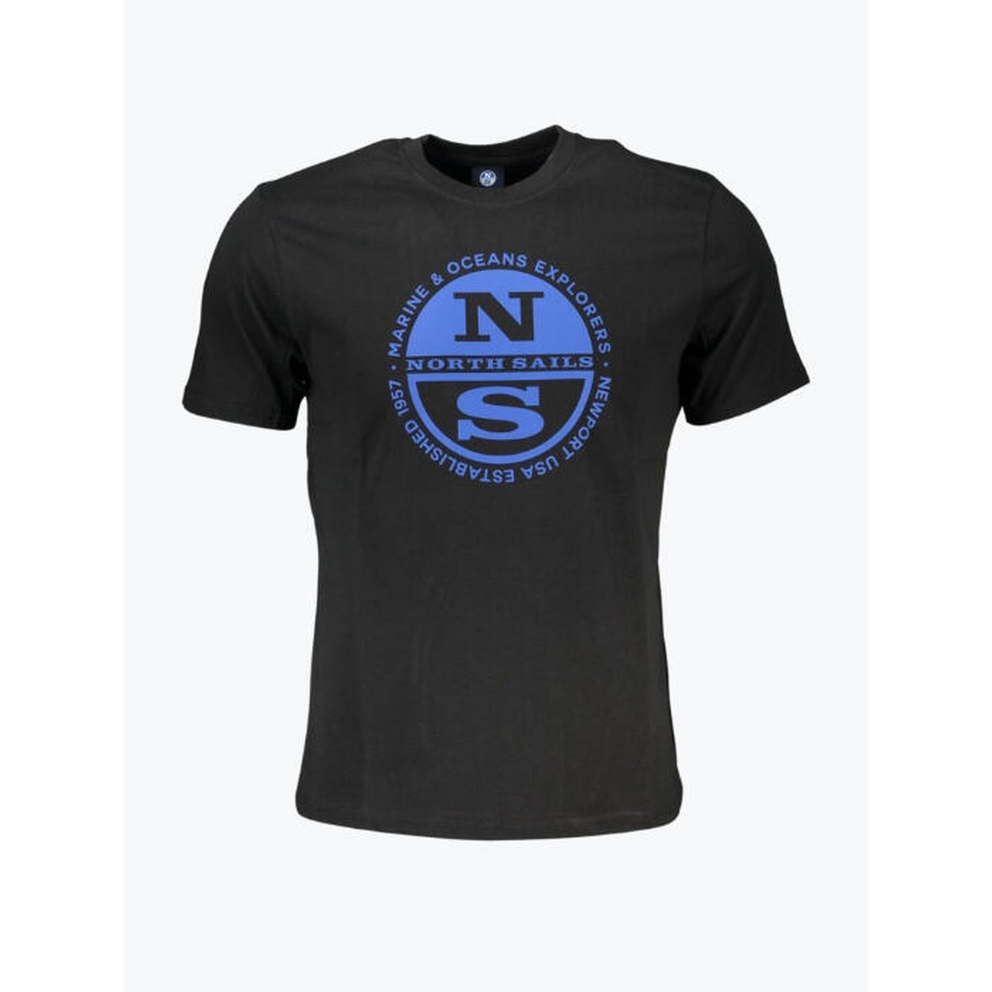 Tricou barbati cu imprimeu cu logo si decolteu la baza gatului negru