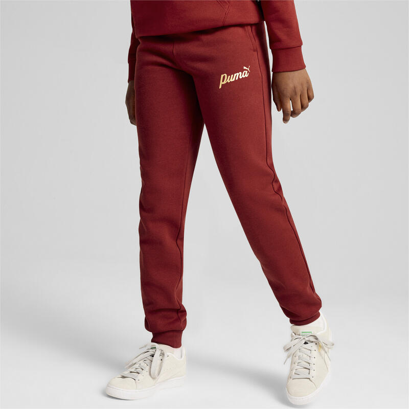 Młodzieżowe spodnie ESS+ SCRIPT PUMA Intense Red Gold Foil