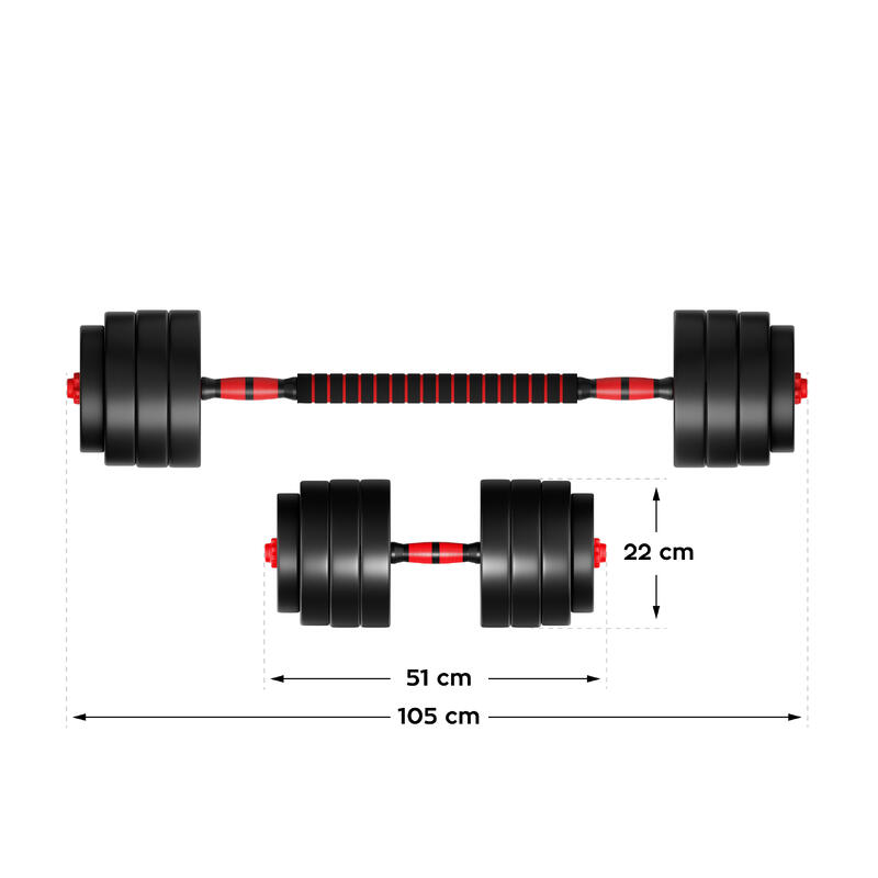 Zestaw regulowanych hantli bitumicznych 2x20kg z łącznikiem sztangi i kettlebell