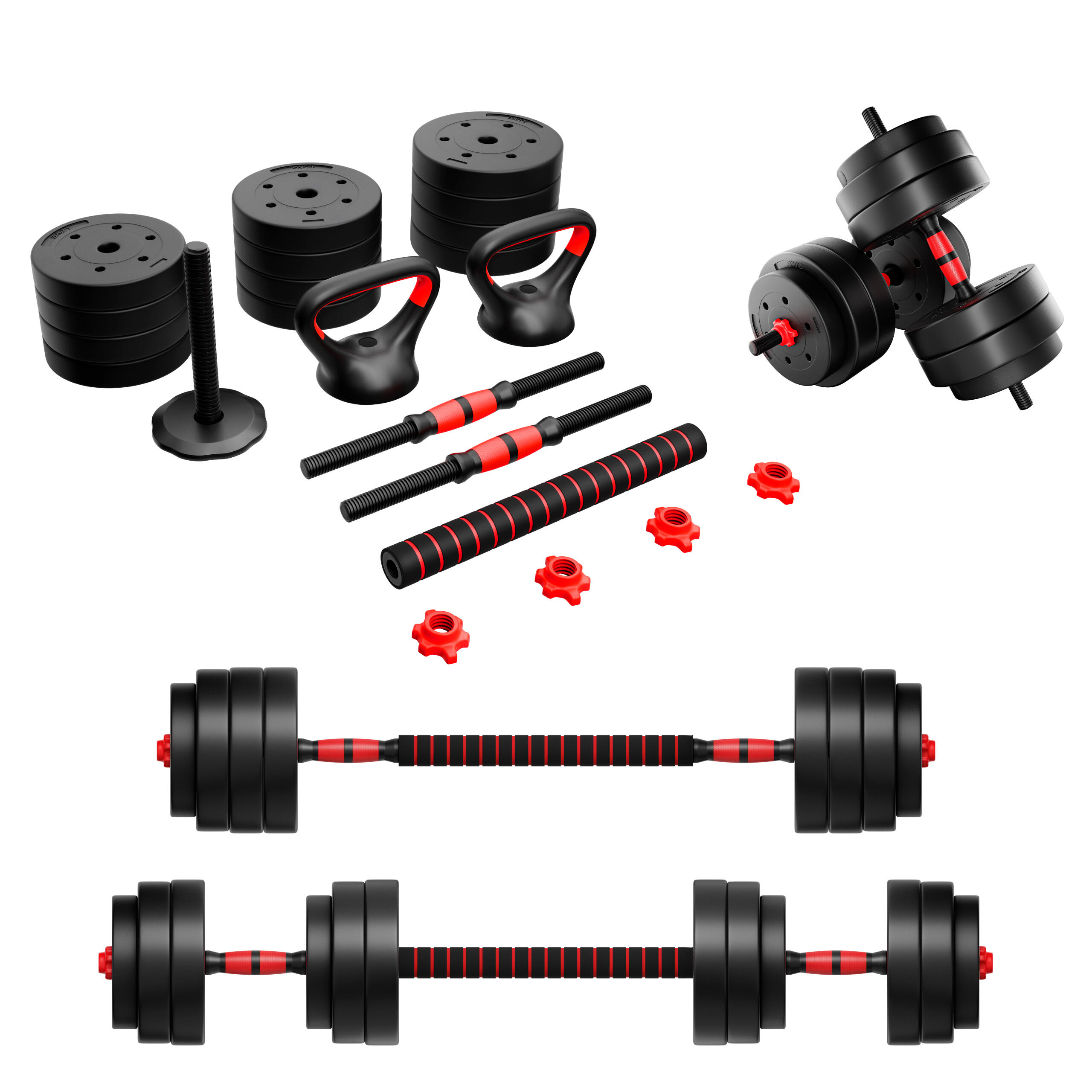 Zestaw regulowanych hantli bitumicznych 2x10kg z łącznikiem sztangi i kettlebell