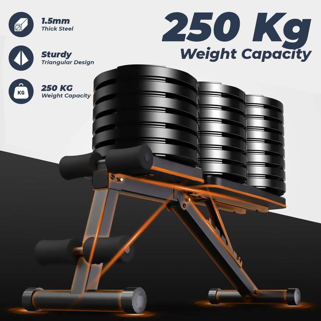 Flexnest Flexbench EZ Foldable Flat Gym Bench Incline, Decline with Resistance Ropes & Flat 250 Kg Weight Capacity - Black