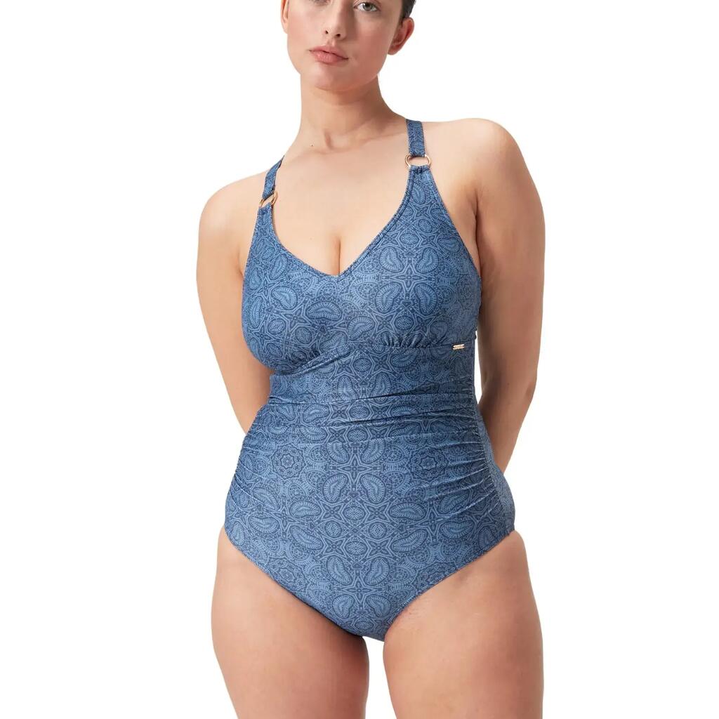 Speedo Shaping Printed V Neck Swimsuit - Washed Blue