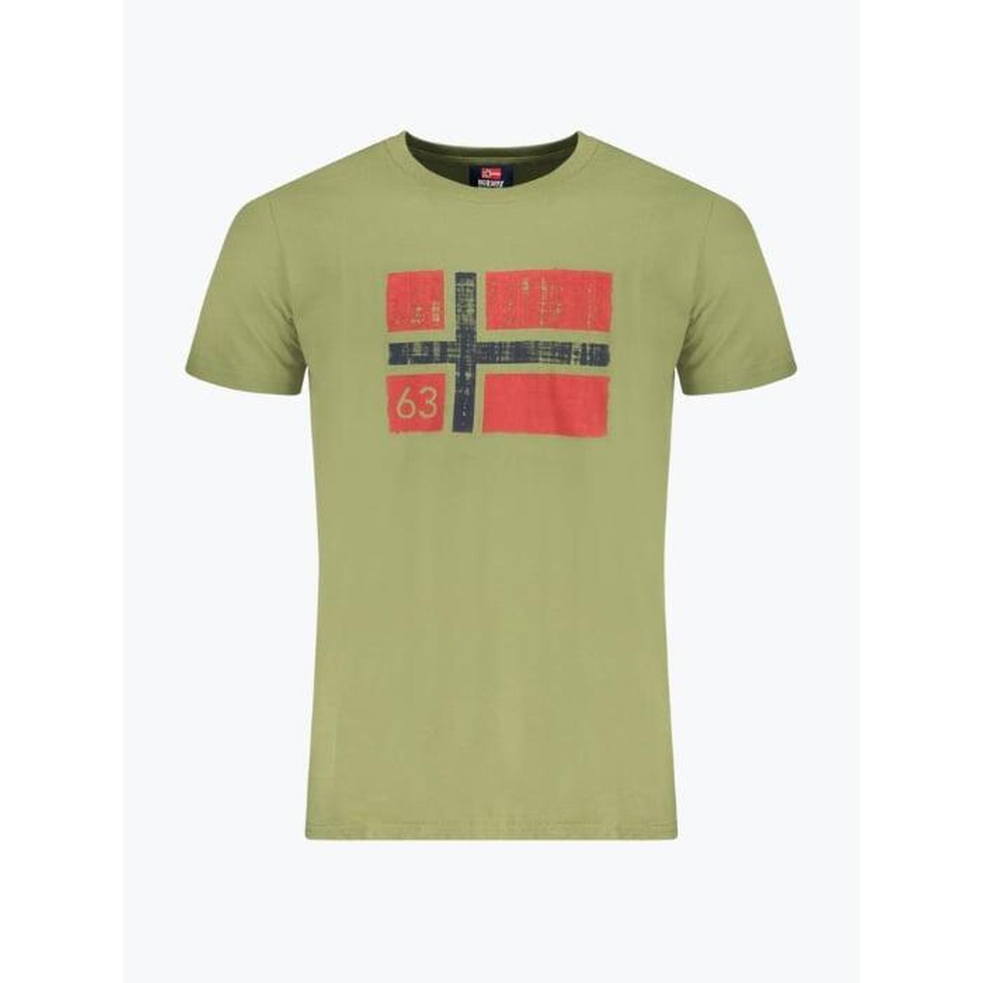 Tricou barbati cu decolteu la baza gatului si imprimeu cu logo, Verde militar