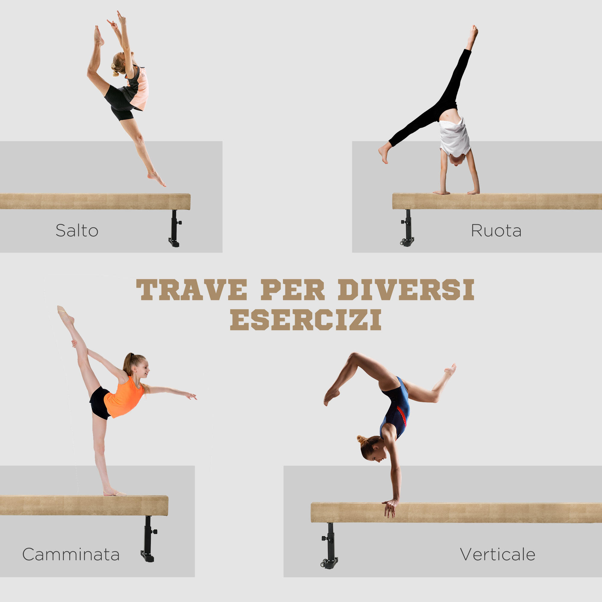 HOMCOM Trave Ginnastica Artistica Altezza Regolabile e Ruote 226x31x59cm 4/8