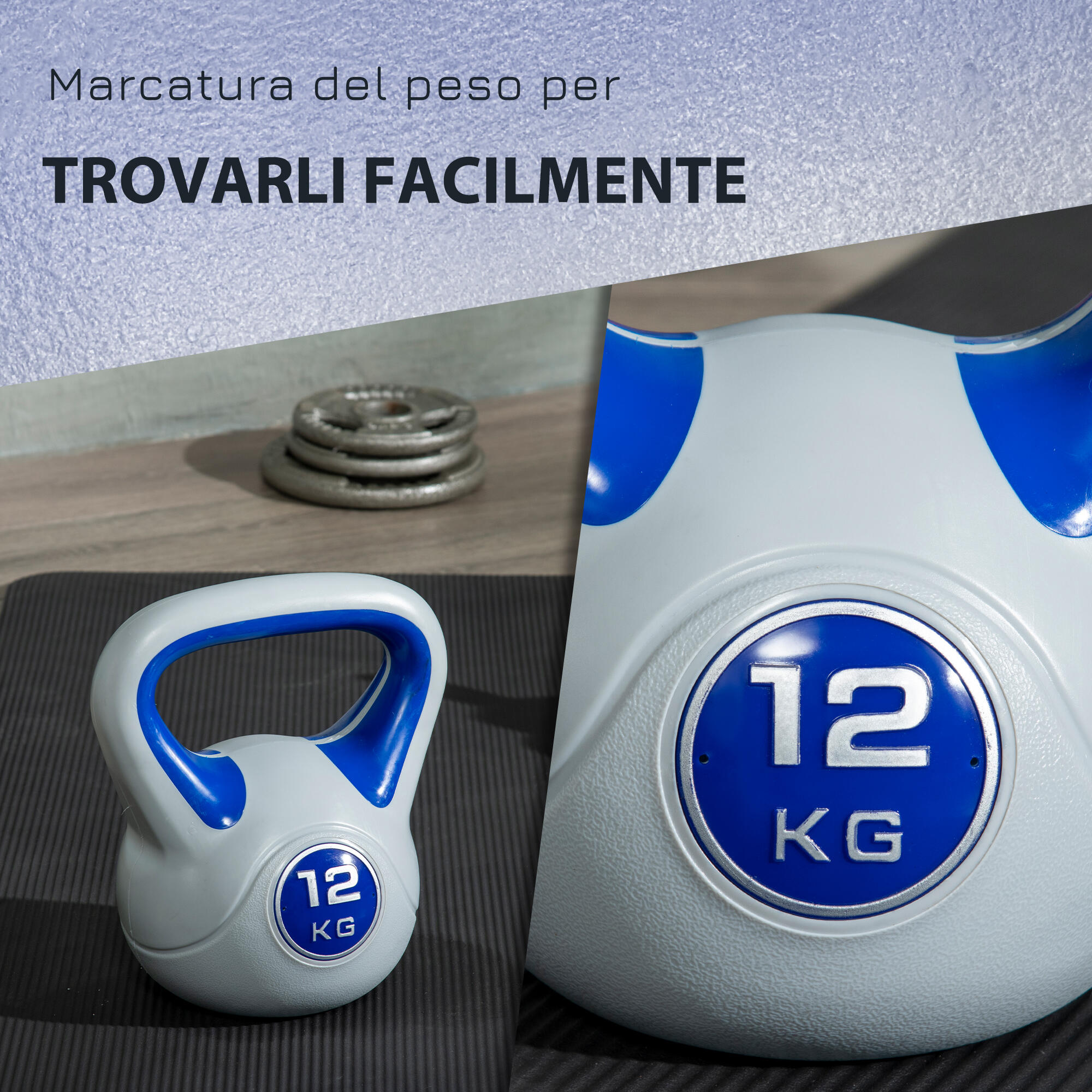 SPORTNOW Kettlebell 12kg in PU e Sabbia con Base Piatta e Impugnatura Blu 5/8