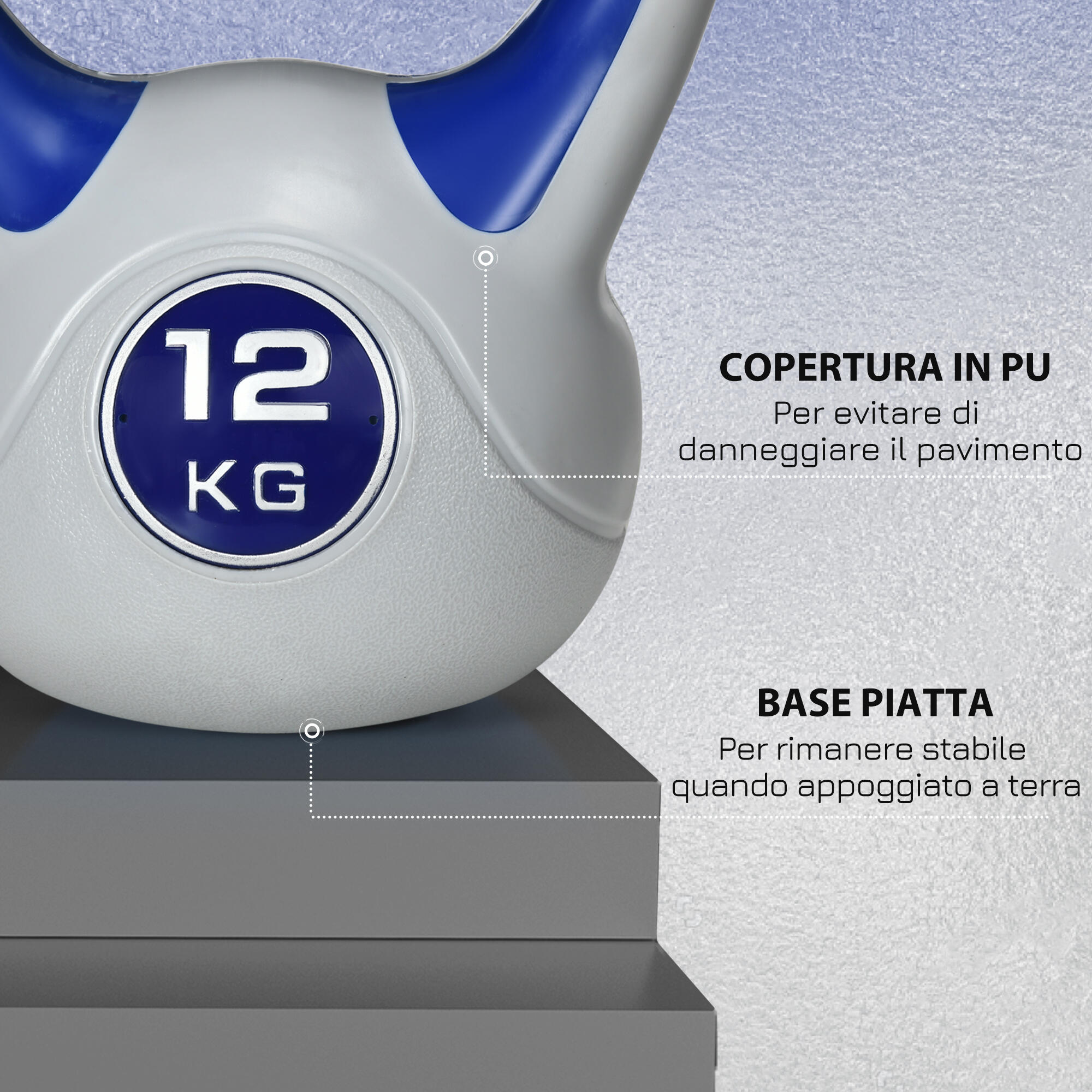 SPORTNOW Kettlebell 12kg in PU e Sabbia con Base Piatta e Impugnatura Blu 6/8