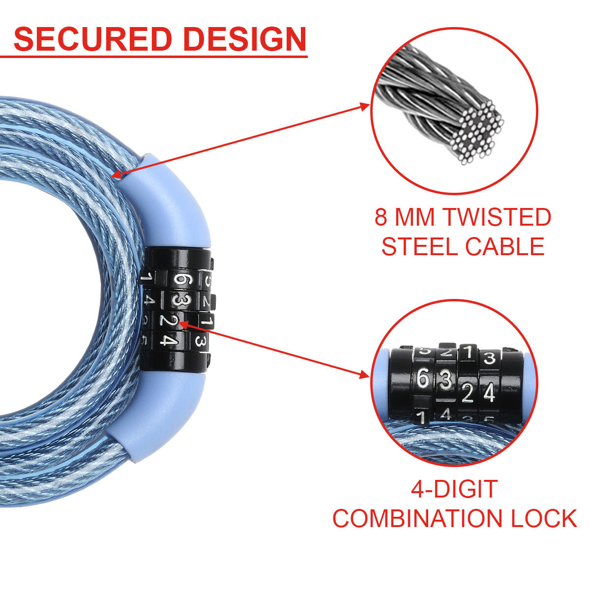 Cable Antivol Vélo [1,2 m Câble] [Combinaison] [Extérieur] [Couleur Aléatoire] 3/7