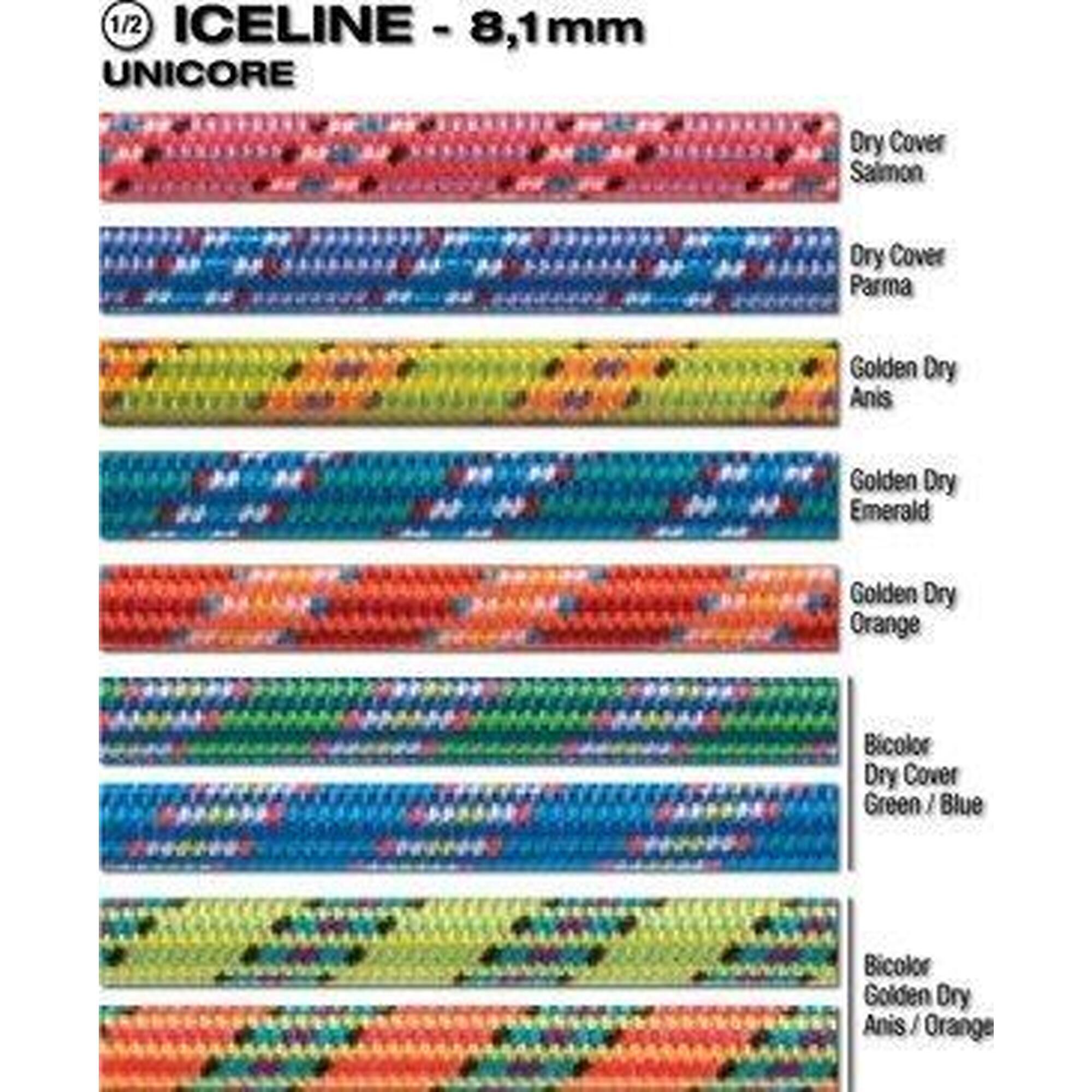 Corde escalade Beal Ice Line 8,1 mm UNICORE Golden Dry 60 m anis