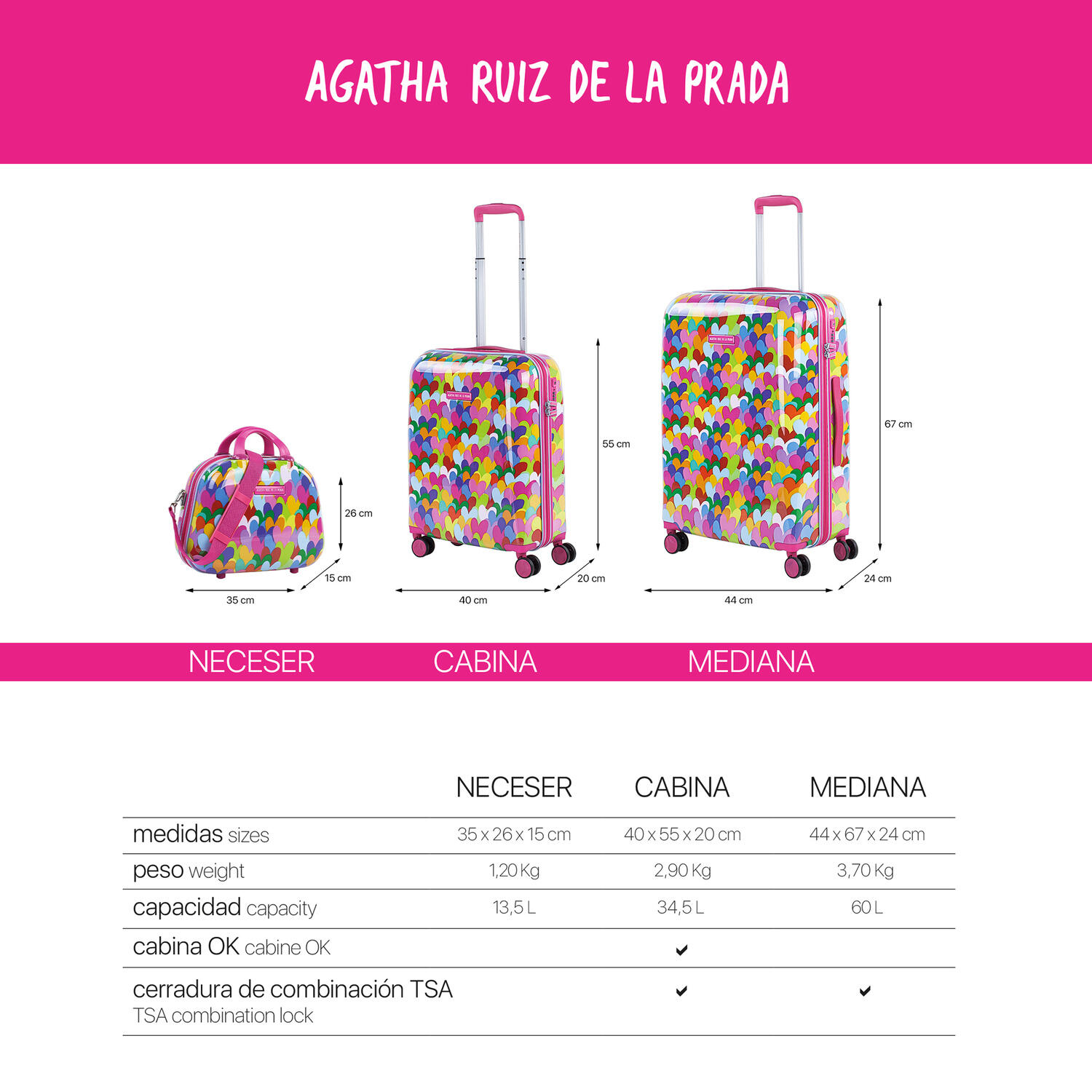 Maleta Pequeña 38L Agatha Ruiz De La Prada Corazones Fucsiaes 40X55x20cm 6/7