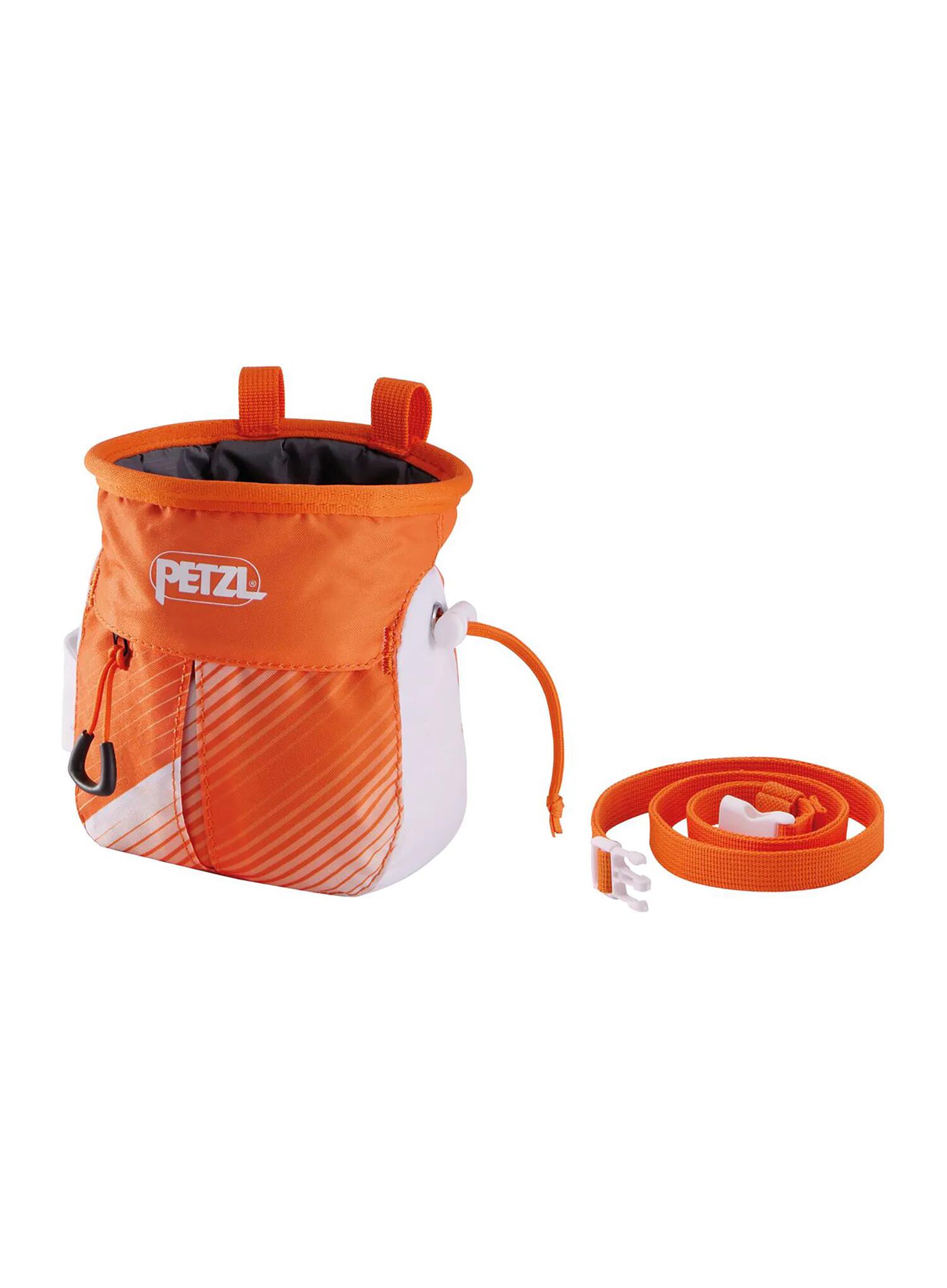 Sac à magnésie Petzl SAKAPOCHE orange et blanc compact résistant avec cordon 2/4
