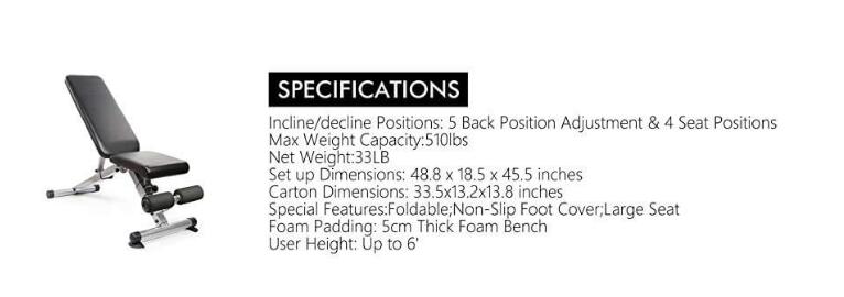 Foldable Utility Workout Bench Adjustable Back Pad and Seat Pad