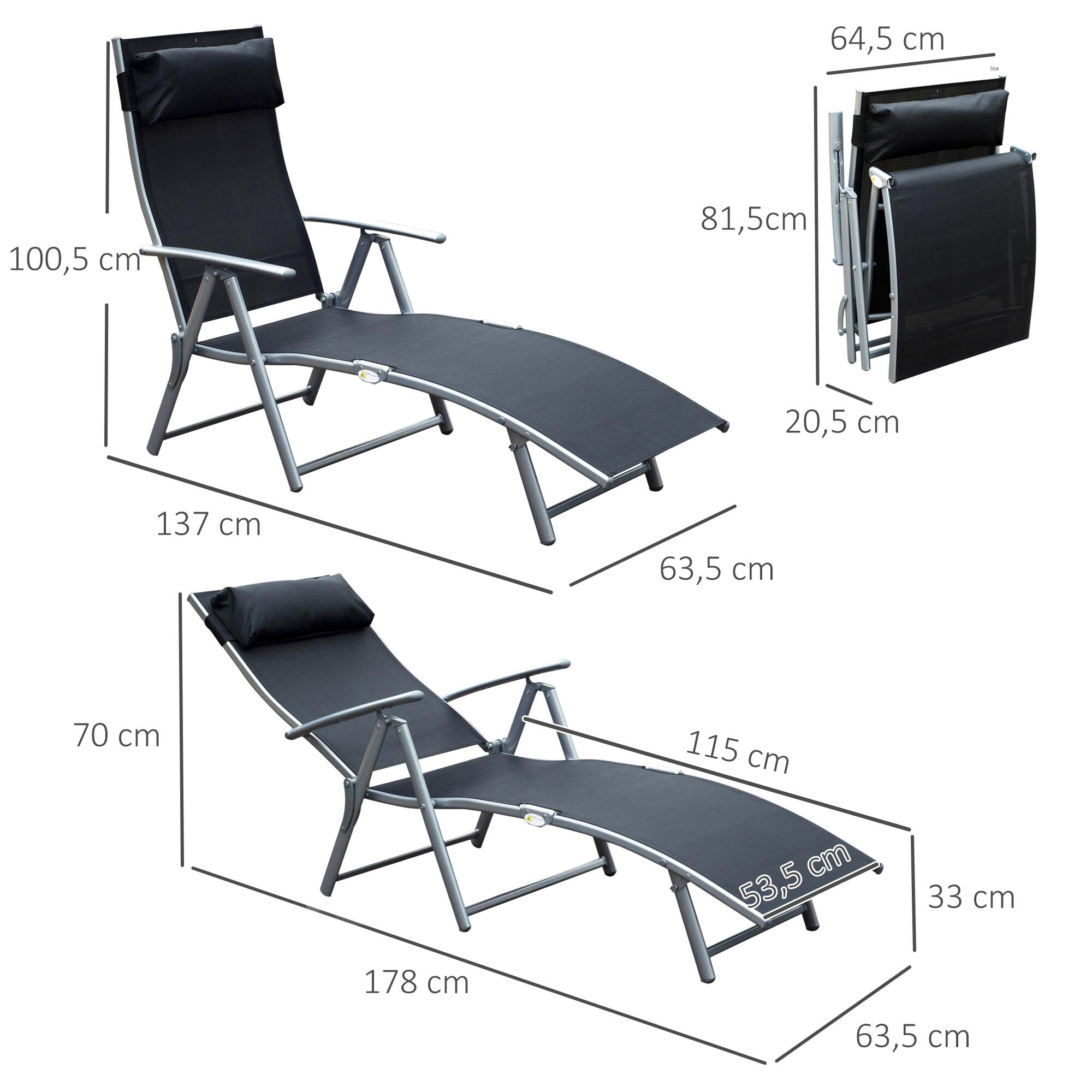 Conjunto de 2 espreguiçadeiras 137x63,5x100,5 cm preto Outsunny 3/7
